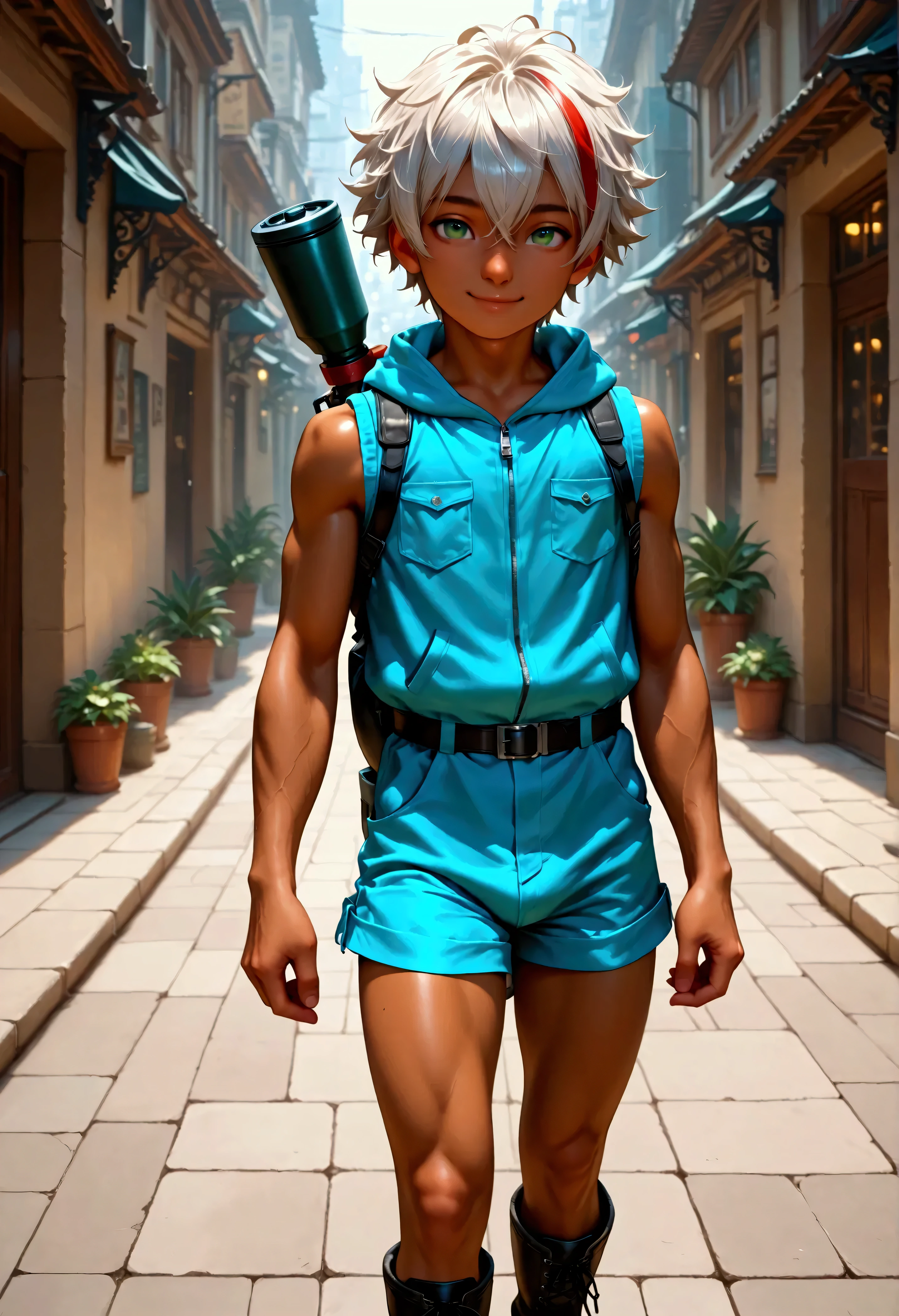 1boy, shota, muscular, dark copper tan skin, solo, silver hair, short messy hair, red streaked, (white sleeveless jacket with pocket:1.5), body belt, short pants, green eyes, cyberpunked bazooka on back, city street, lower buildings, standing on the street, smile, masterpiece, best quality, cinematic lighting, black lace up boots, focus on body