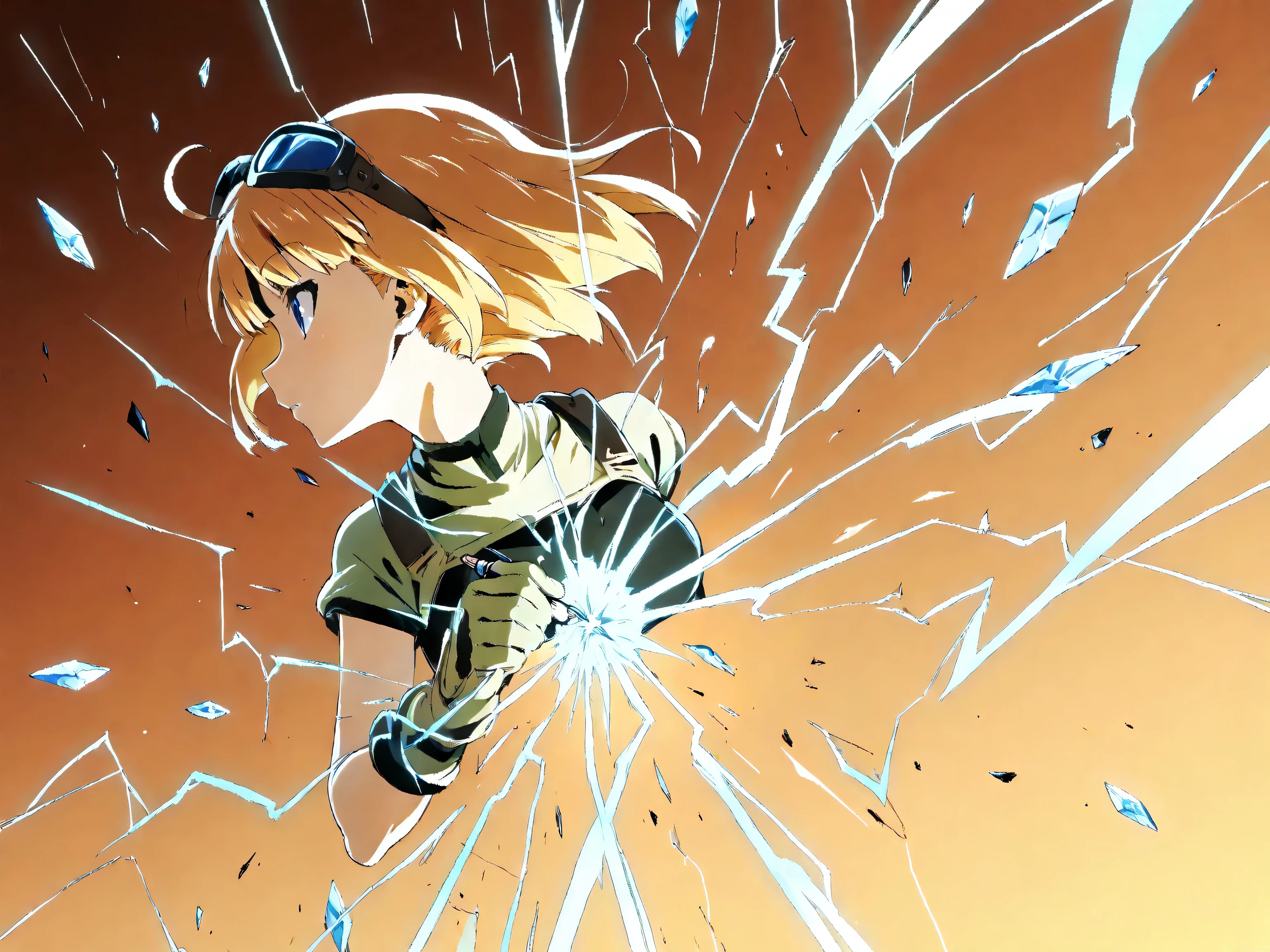 (Nekomimi, Goggle and nekomimi girl:1.3), profile, The Beginning of All Things, reaching for shards of water drawing the body away, dynamic form, ((expressed in full, seven-colored radiance:1.2)), bold contours in high contrast as if traced by a magic pen, shadows beautifully deepened