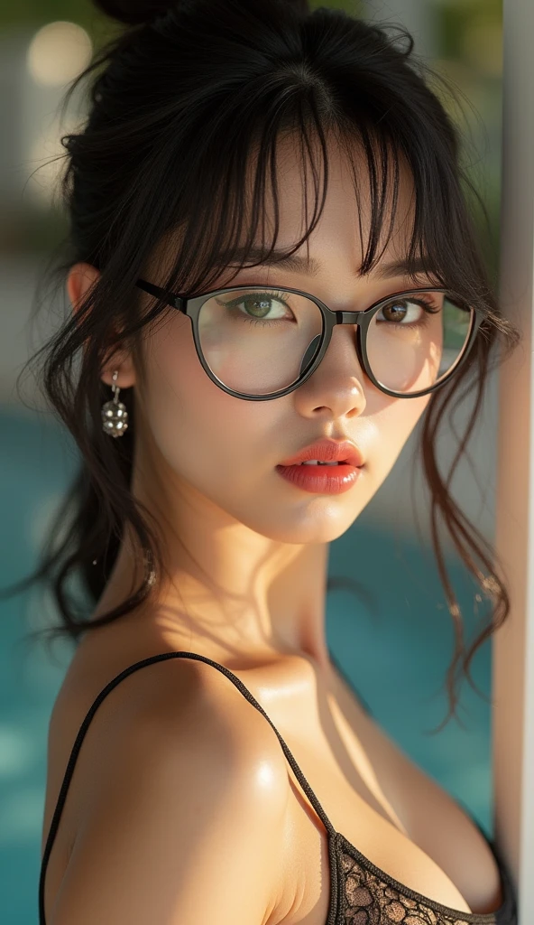Top Quality, 8K, 4K, High Definition, Details Beautiful round glasses girl, dark-haired girl, wearing swimsuit, stream, upper body in the picture,