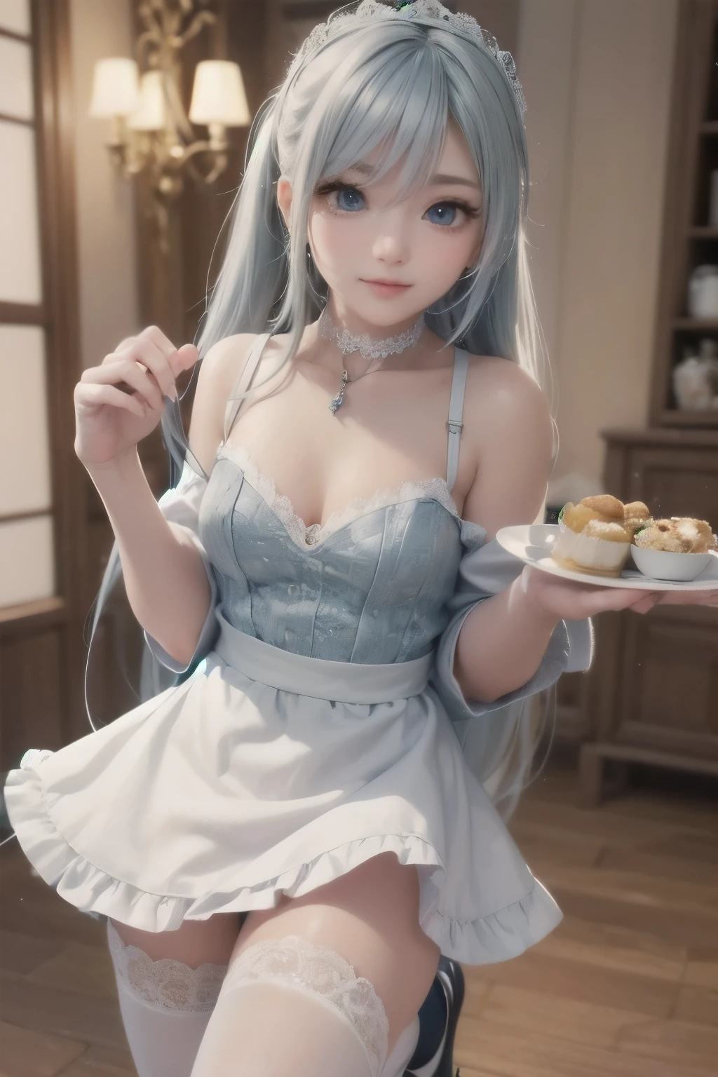 A hyper-realistic, ultra-detailed full-body 3D-rendered image of a -year Japae girl named Kanon, dressed in an elegant light blue maid outfit. She has silky, light blue twin-tail hair, styled with delicate lace ribbons, gently flowing with her movement. Her light blue eyes sparkle softly, reflecting the warm indoor lighting. A slight rosy flush on her cheeks adds to her charming and youthful look.

She is wearing a beautifully detailed light blue and white maid dress, featuring a frilled apron, puffed sleeves, and intricate lace trims. The white corset-style bodice is elegantly fitted, highlighting her slim figure, while the layered skirt flares slightly with each step, adding a sense of movement. A white lace choker with a small blue gemstone pendant rests on her collarbone, completing the refined aesthetic.

Her pose is charming and graceful, as she tilts her head slightly, holding the edge of her skirt with one hand, while the other hand gently places a silver tray against her waist. Her lips are curved into a warm, polite smile, and her eyes convey a soft, inviting expression. Her delicate fingers elegantly grip the tray, showcasing refined posture and elegance.

She wears white thigh-high stockings with delicate lace trim, paired with stylish black Mary Jane shoes. The soft folds of her stockings subtly highlight her slender legs, adding to the overall balance of elegance and charm.

The background is a beautifully decorated classic European-style café, with warm golden lighting filtering through vintage-styled windows. The interior is filled with ornate wooden furniture, neatly arranged teacups, and a softly glowing chandelier. The faint aroma of freshly brewed tea and pastries fills the air, adding a cozy and welcoming atmosphere. A large antique mirror reflects her figure, subtly enhancing the sense of space and realism.