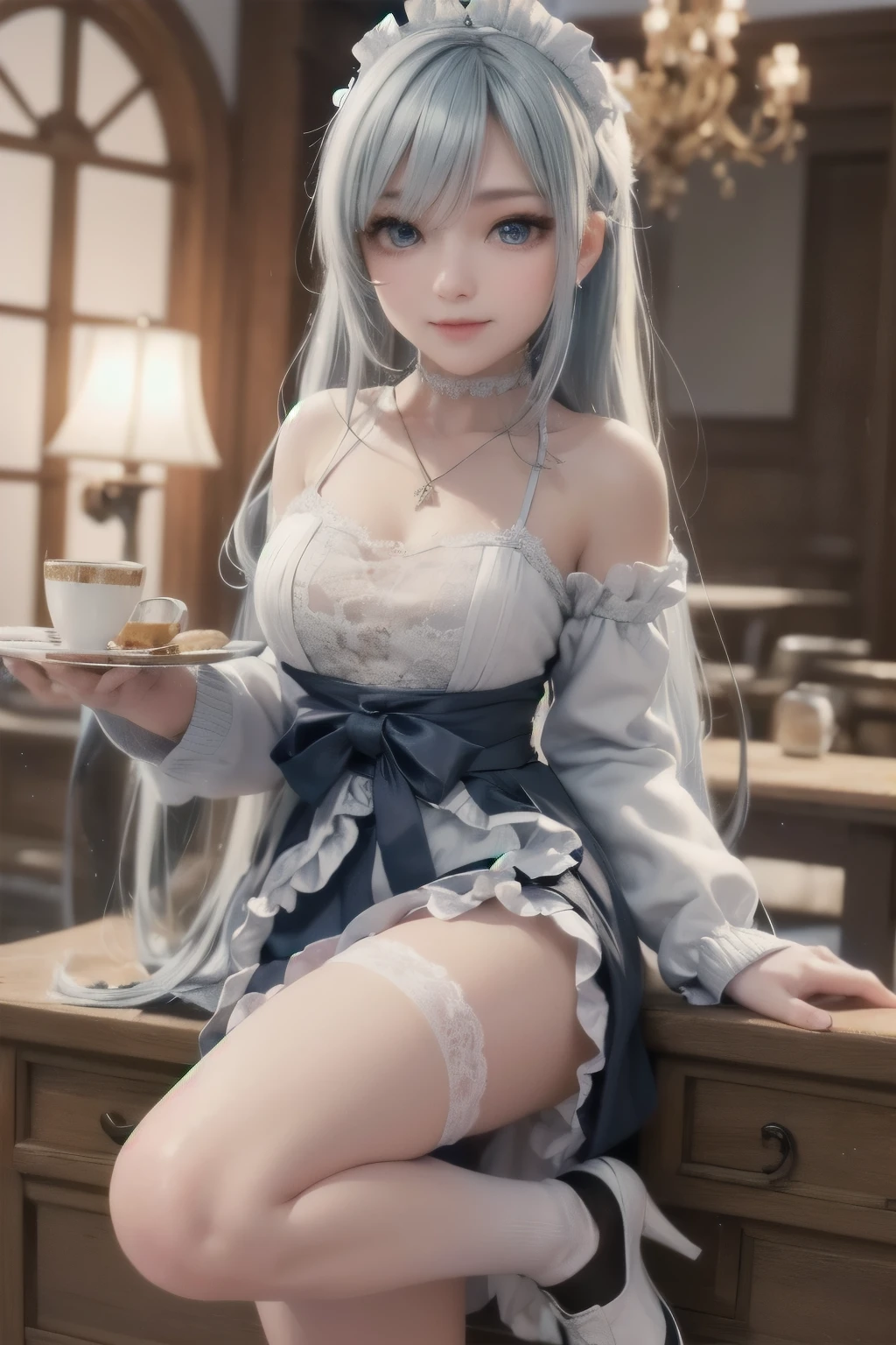 (best quality, muste piece:1.4), (Realism:1.2), (Realisitc:1.2), (disorganized:1.2), (It's photorealistic:1.3), 1 girl,realistic skin,solo,( very big eyes,beautiful detailed eyes, symmetrical eyes), riven \(League of Legends\), 1 girl, folded ponytail, short dress, Single-pole drone, corset, white hair, Wariza sitting down, upper body whole body, cowboy shot