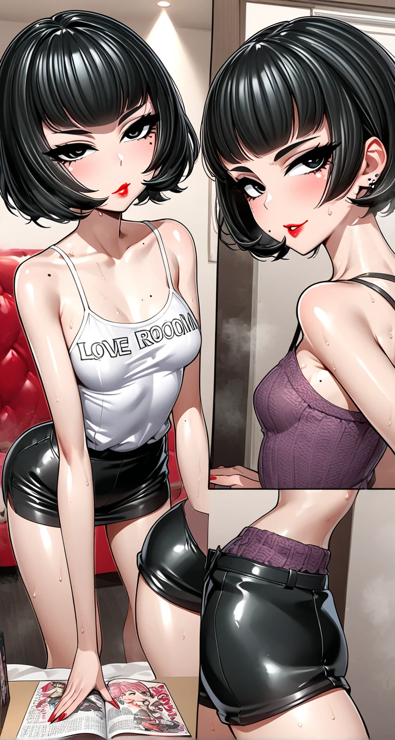 (highest quality,High resolution,Perfect Pixel,8K,((Smooth texture:0.75, Realistic texture:0.65, Realistic:1.1, Anime CG Style)),), (1 girl,multiple views,(two views:1.1),(whole body shot and upskirt shot:1.2),(from below and from front),white background),Beautiful woman,((Wavy mid-length hair, bangs, Brown Hair)), ((Brown eyes, Beautiful eyelashes, Realistic eyes)), ((Detailed face, blush:1.2)), Medium chest,(Earrings,necklace,Sleeveless turtleneck sweater,mini skirt, panties , A shy smile)),