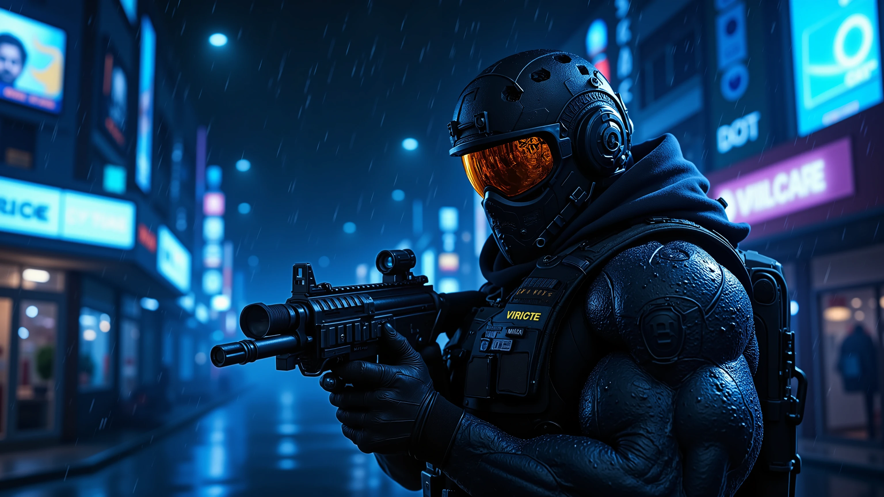 wallpaper for a gamer computer, neon lights, Blue tons, Black background, landscape, Cyberpunk Futuristic City, The streets are wet because it just rained, civil war, Lots of neon lights on the storefronts, In the background there is a muscular man with black tactical clothing that covers his entire body, equipped with modern military equipment, military helmet with chrome visor in the color orange, holding a rifle in combat position