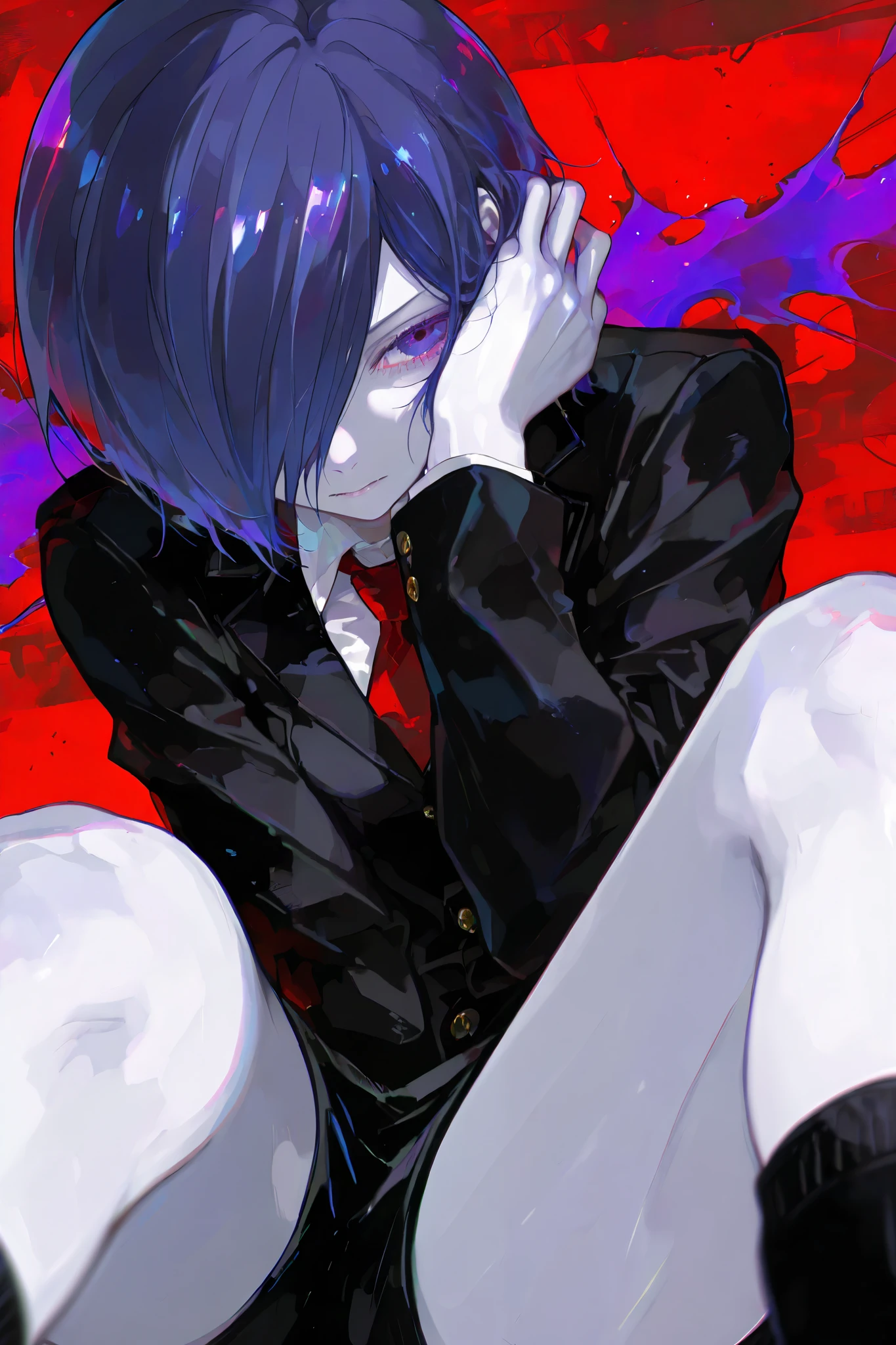 Kirishima touka, Tokyo ghoul, anime girl, Beautiful face, beautiful white skin, blue-purple hair, Short hair, Tuka Kirishima hairstyle, covering her hair on the left side of her face, blue-purple eye , School clothes, beautiful body, white light jacket, red tie, short skirt, Black jacket, strategic position, , black jacket contains threads and chains, bad girl , Beautiful girl, Tsondry, kirishima touka , Bloody background