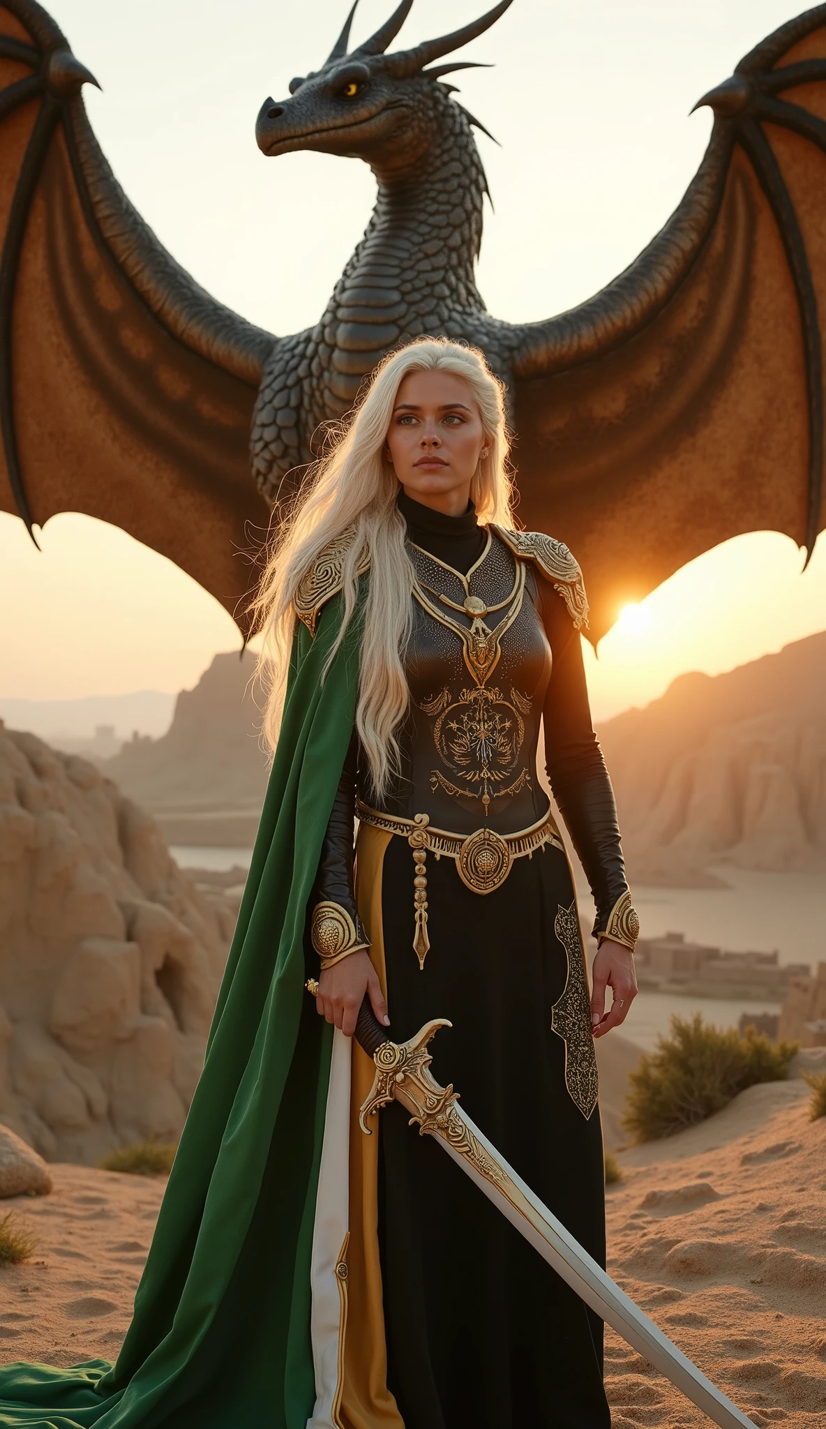 "A beautiful Saudi Arabian woman, 20 years old, reimagined as a member of House Targaryen from House of the Dragon. She has a strong, athletic, and muscular build, with long silver-blonde hair flowing down her back, embodying the regal and powerful essence of her lineage.
She wears a warrior's outfit inspired by the noble Targaryen style, fused with intricate elements of Saudi Arabian cultural design. The outfit’s colors match the green, white, and black tones of Saudi Arabia's flag, symbolizing both her heritage and her dragonlord ancestry. The fine embroidery and armor plating showcase a balance of elegance and strength.
She confidently grips a traditional Arabian sword, its craftsmanship reflecting the rich history of her homeland. Behind her, a massive winged dragon looms, its scales shimmering under the golden light, exuding both power and majesty.
The background features one of Saudi Arabia’s most breathtaking landscapes, with dramatic cliffs, sweeping deserts, and ancient architectural wonders. The warm hues of the setting sun cast an ethereal glow over the scene, emphasizing her formidable presence. This 3/4 body portrait captures her poised and commanding stance, embodying both the fierce warrior spirit of House Targaryen and the noble legacy of her own culture."