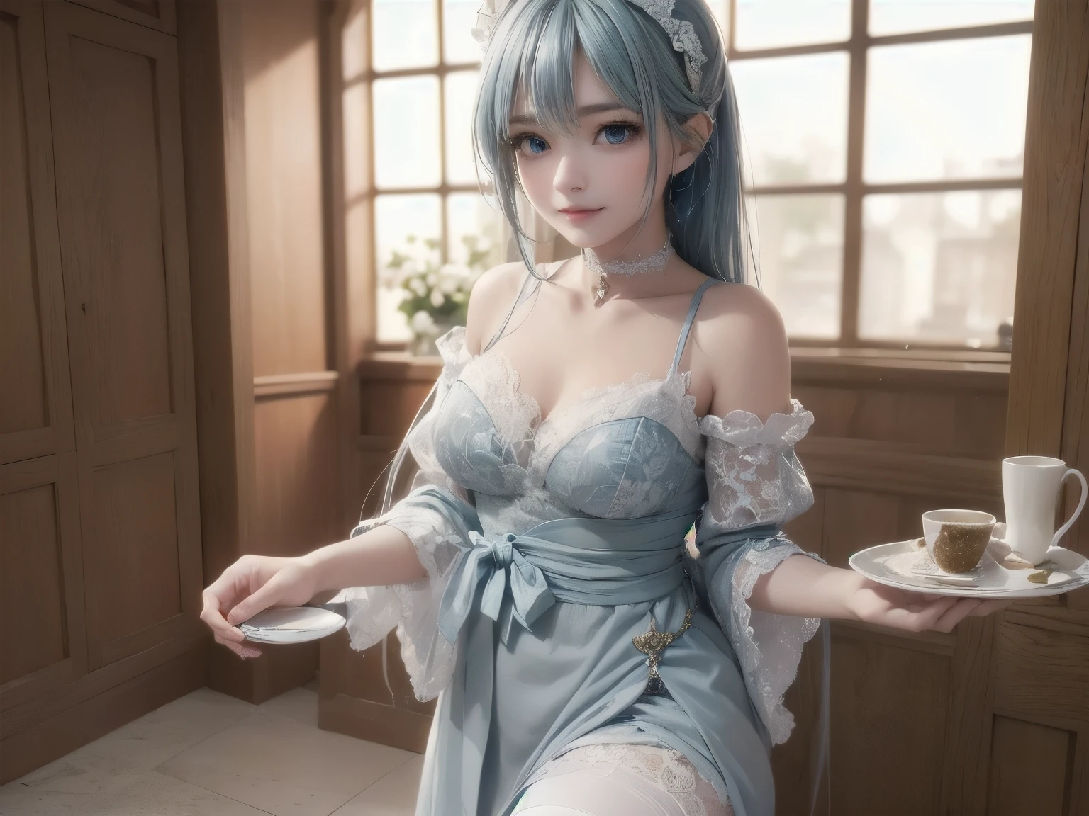 Ultra HD、A beautiful blue-haired character、Cute big eyes、Close camera angle、Red burning cheeks、Night scene with starry sky background、Wearing a gorgeous dress、Subtle details、A fantastic atmosphere、Anime style