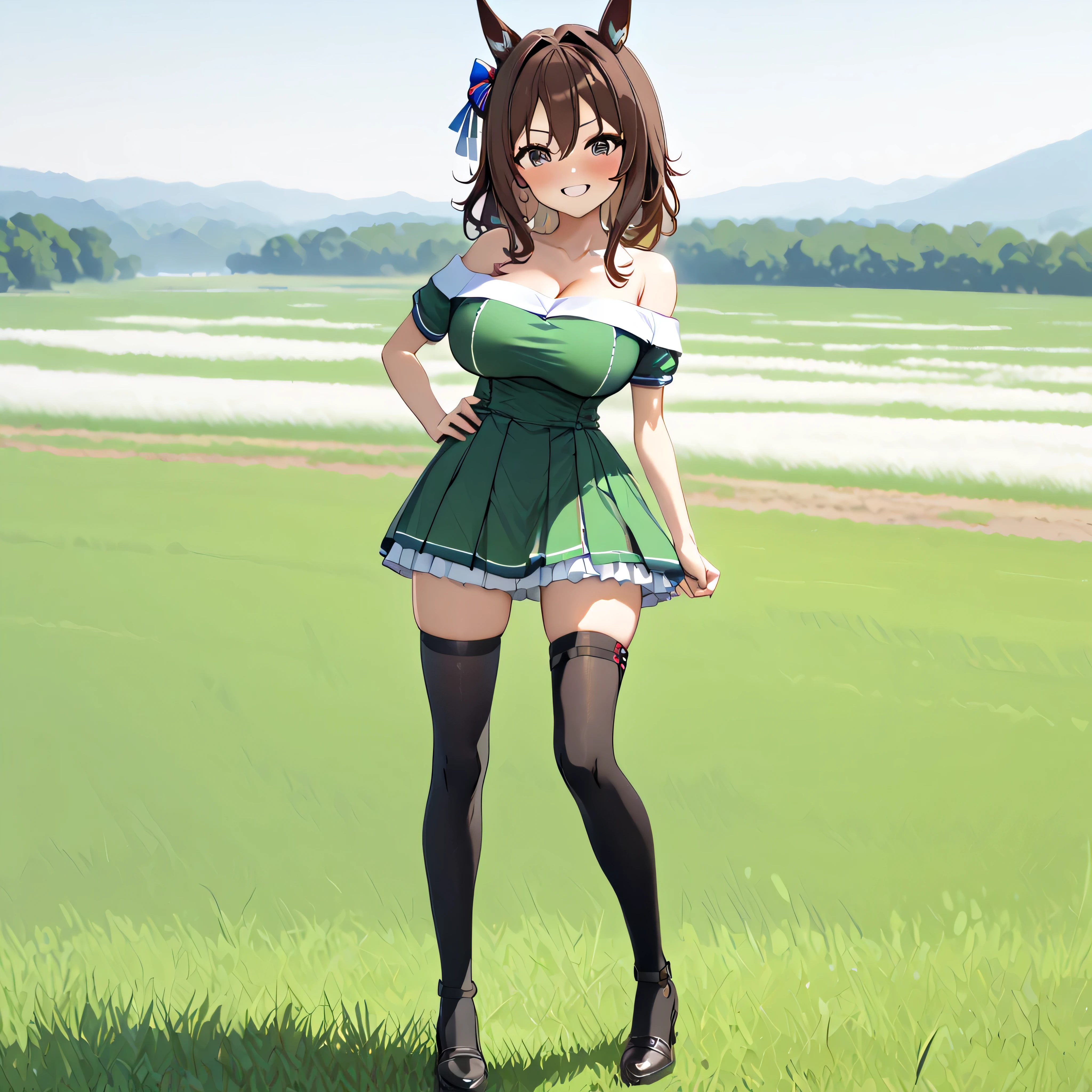 masterpiece, beautiful detailed, landscape, grass field, BREAK, (1 skinny girl standing with open legs:1.3), (umamusume\:1.3), (king halo \:1.2), BREAK, shoubufuku\, (too short skirt:1.1), thigh gap, (off-shoulder green dress cinches narrow waist too tight), full body, BREAK, brown hair, (both hands on her hip), (open legs), BREAK, (bursting large breasts:1.2), (too narrow wais)t, skinny waist, small stomach, skinny hip, (skinny long legs:1.2), (black thighhighs), thigh straps, BREAK, smile for viewer, nose blush