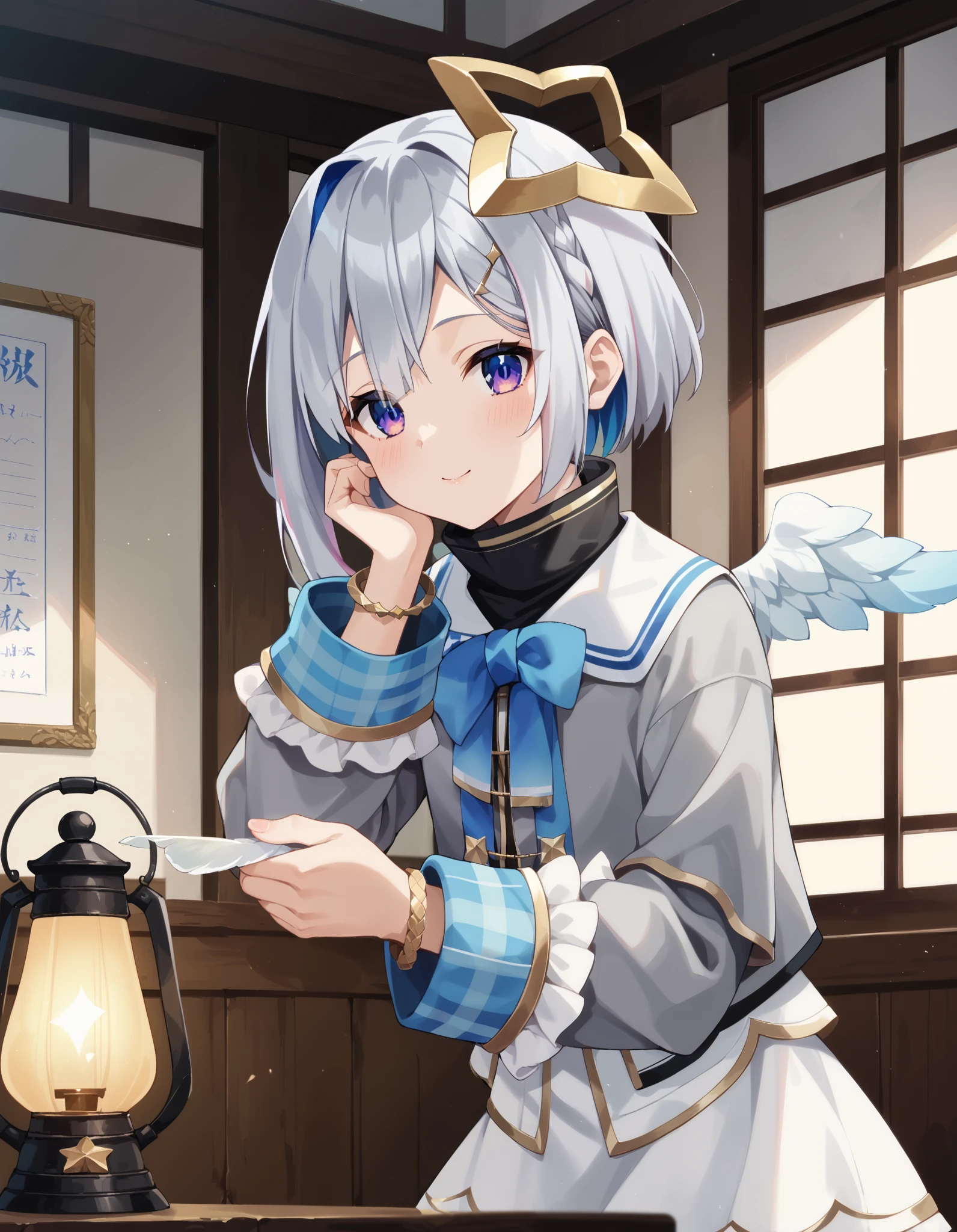 score_9, score_8_ up the side, score_7_ up the side, score_6_ up the side, score_5_ up the side, score_4_ up the side, source_Anime, Anime screencap, BREAK 1girl, Alone, up the sideper body, indoors,
Tianyin_ KANATA , KANATA _Defaults, Star Halo, multicolored hair , short hair, Lantern, Grey Hair , model, bangs, Hair hangs down to hide one eye, Purple Eyes, flat chest, Long Sleeve, Grey Jacket , bracelet , Angel Wings, Turtleneck Dress,