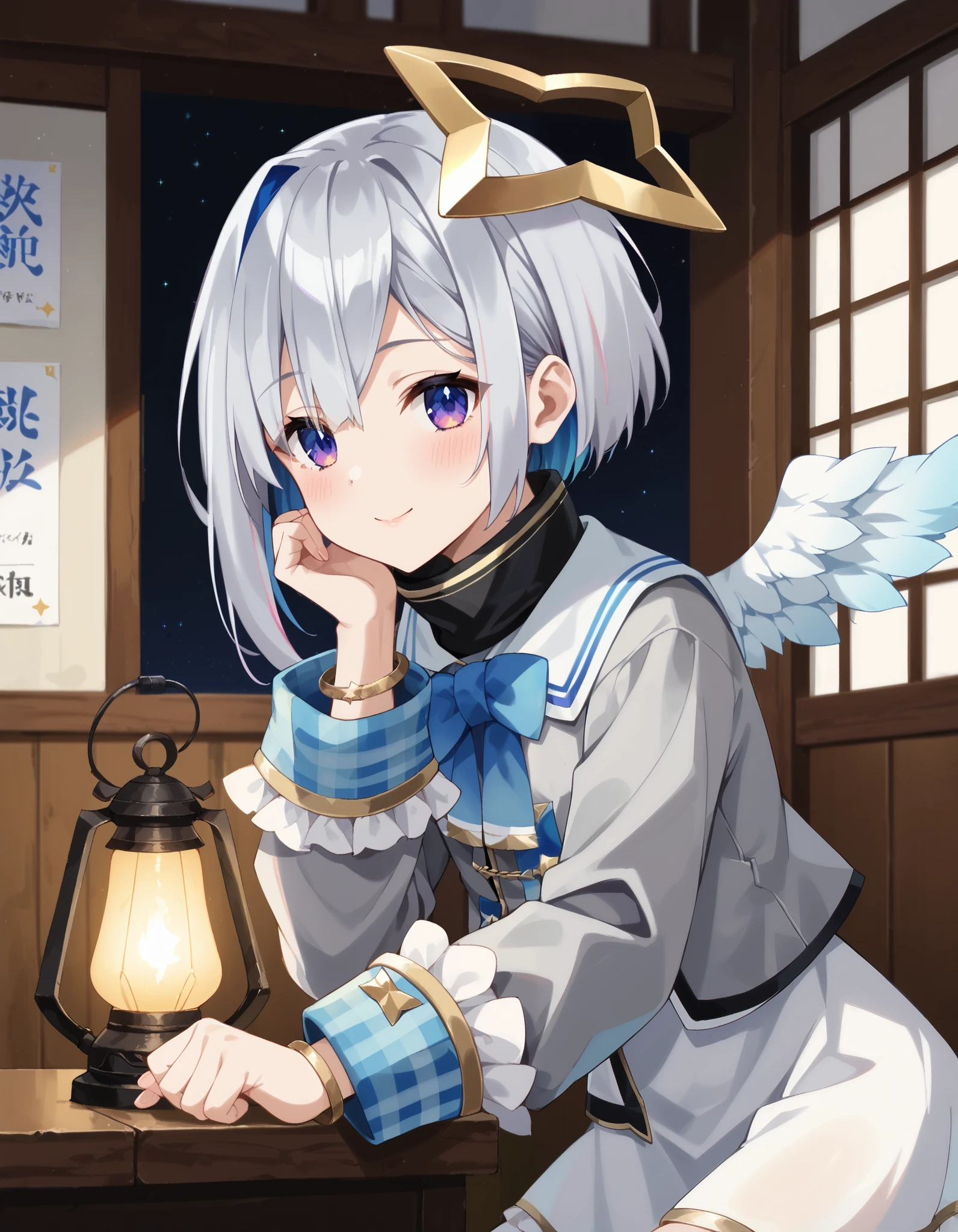 score_9, score_8_ up the side, score_7_ up the side, score_6_ up the side, score_5_ up the side, score_4_ up the side, source_Anime, Anime screencap, BREAK 1girl, Alone, up the sideper body, indoors,
Tianyin_ KANATA , KANATA _Defaults, Star Halo, multicolored hair , short hair, Lantern, Grey Hair , model, bangs, hair hanging down to hide one eye , purple eyes, flat chest, Long Sleeve, Grey Jacket , bracelet , Angel Wings, Turtleneck Dress,