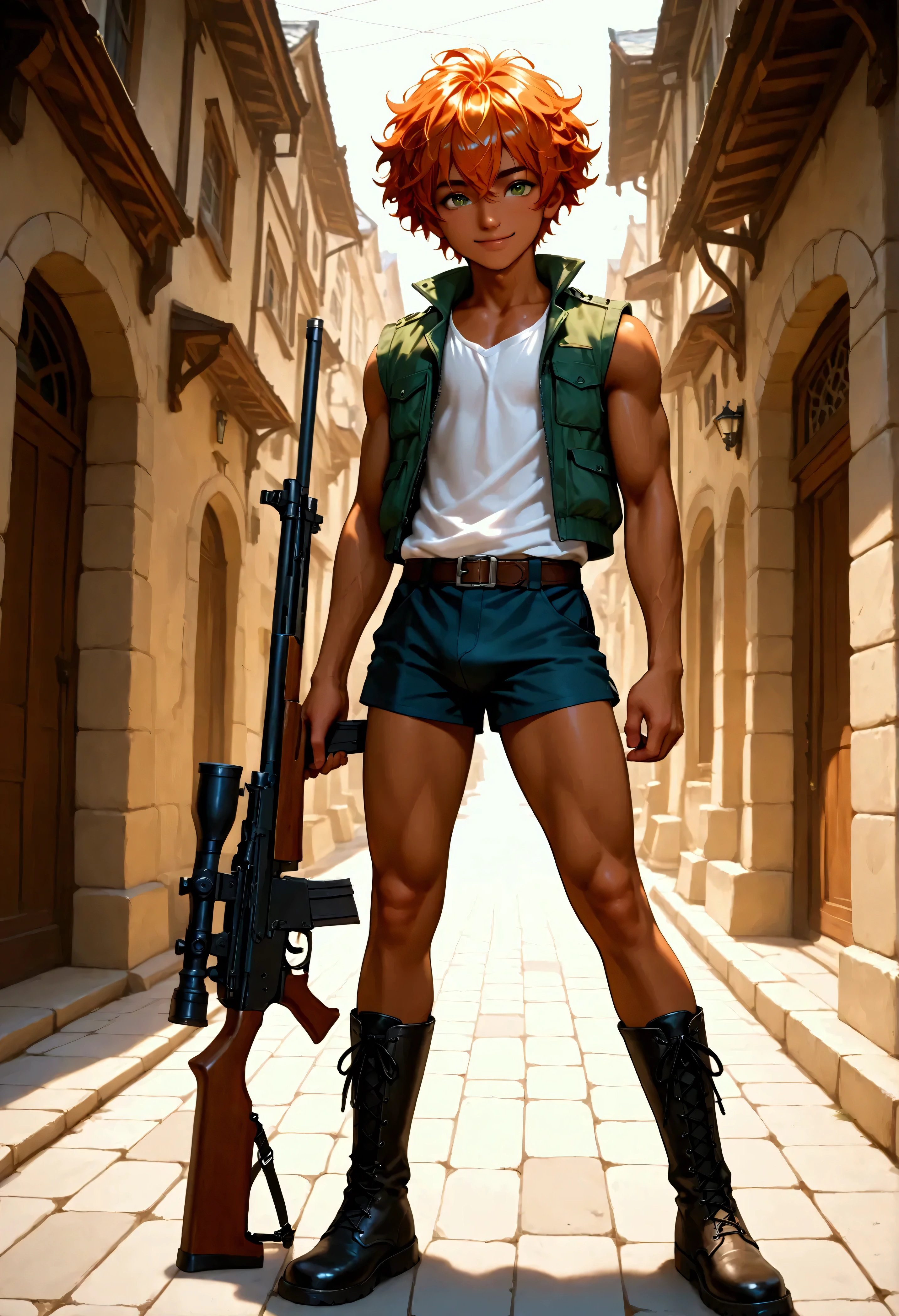 1boy, shota, muscular, dark copper tan skin, solo, orange hair, short messy hair, (white sleeveless jacket with pocket:1.5), body belt, short pants, green eyes, cyberpunked rifle on the ground, town stone street, lower buildings, standing on the street, smile, masterpiece, best quality, cinematic lighting, black lace up boots, focus on body, curbstone