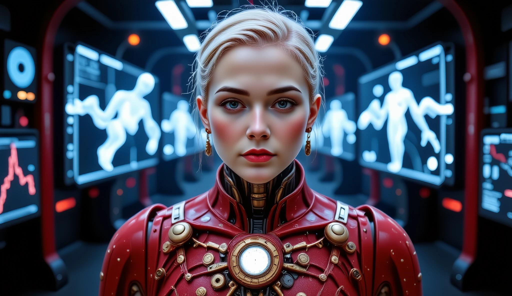  front view ( masterpiece:1.2,  EXCEPTIONAL QUALITY , mirror,  Cinematic experience , photo-realistic : 2.0,RAW Photos : 2.0,  Super detailed),8 k,wallpaper,( Presenting blueprints using holograms :2.0),( Beautiful woman:2.0),cyborg woman,(cyborg womanの設計図:2.0),(Нарисуйте  front view:2.0),(Avant-garde design:2.0),(Detailed drawings :2.0),( numerous notes on settings :2.0),( pretty face,  beautiful eyes,  beautiful hair ) A young cyborg girl with a smile (full length 1/2), with fair skin,  photos with an open cheerful smiling face , open forehead,  with short white hair , smooth, well-groomed blonde hair is combed to one side with bangs,  is standing straight and looking right at the camera , arms down to the sides,  high quality 4k photography, super realistic ,  regular and clean facial features , (( European appearance)), gold elements of electronic devices are implanted into the body and partly into the ears.  In blue tones of glow around A woman with a futuristic face is depicted, open forehead,  digital photo of Steven James Petruccio ,  digital art ,  mechanisms highly detailed waist-deep visual portrait, portrait of a robot of the , Elle Fanning as an android,  glowing wave portrait of a girl , symmetrical waist-high portrait , science fiction,  humanoid portrait ,  red body mechanisms with inserts of white and gold elements and parts, glowing lines and light bulbs run through the body, dark blurred background, ((Red suit with gold lines on the surface of the suit)),  tight body with large accents with bright white elements ,  bright blue and red lights on the suit, bright white lines in costume elements,  are slightly apart,  additional lower lighting, , the suit is more organic without protruding and sharp corners
