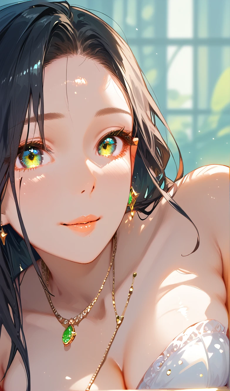 1girl, beautiful woman, she is sitting in abandoned metallic Framing Construction with water floor and moss and humid and plant and colorful flowers garden, wet, wettings, sunlit, blue sky, (close up), yellow fashion, face focus, (transparent yellow underwear)