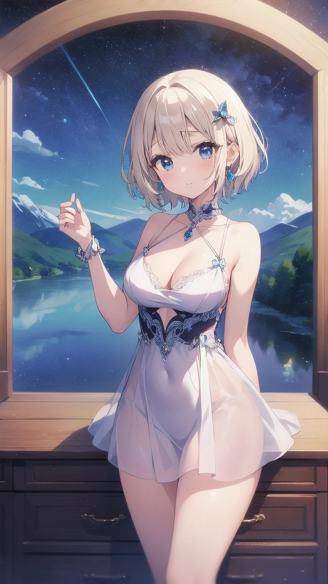 (masterpiece, best quality),female retirement age, svelte, african, deep blue eyes, downturned ears, cleft chin, rounded forehead, triangle face shape, moles, ash blonde bob with bangs hair, disappointment wearing kimono dress, bralette set, , wearing lingerie, wearing lingerie with a confident and alluring pose, exuding sensuality and charm, starry sky, a dark background with twinkling stars, setting a magical and romantic tone, a sunny garden party, with friends enjoying refreshments and engaging in lively discussions, (masterpiece, best quality), 1girl, skinny, petite, silk lingerie,