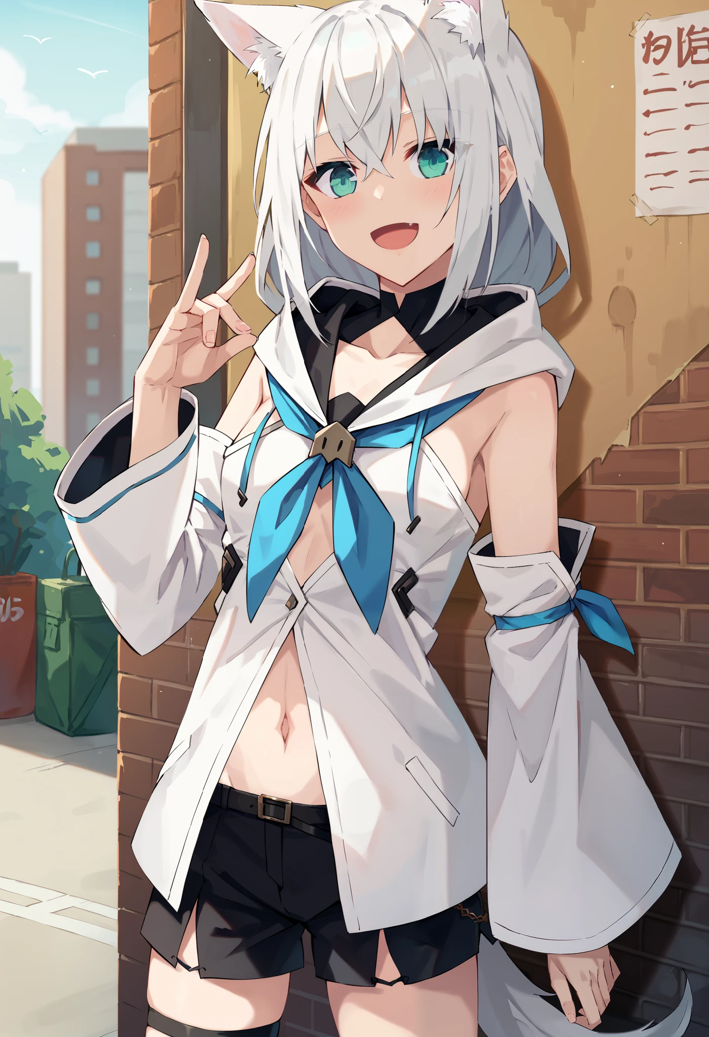 masterpiece, best quality, fubuki1, white hair, , looking at viewer, , standing, indoors, black shorts,thighhighs,,big breasts