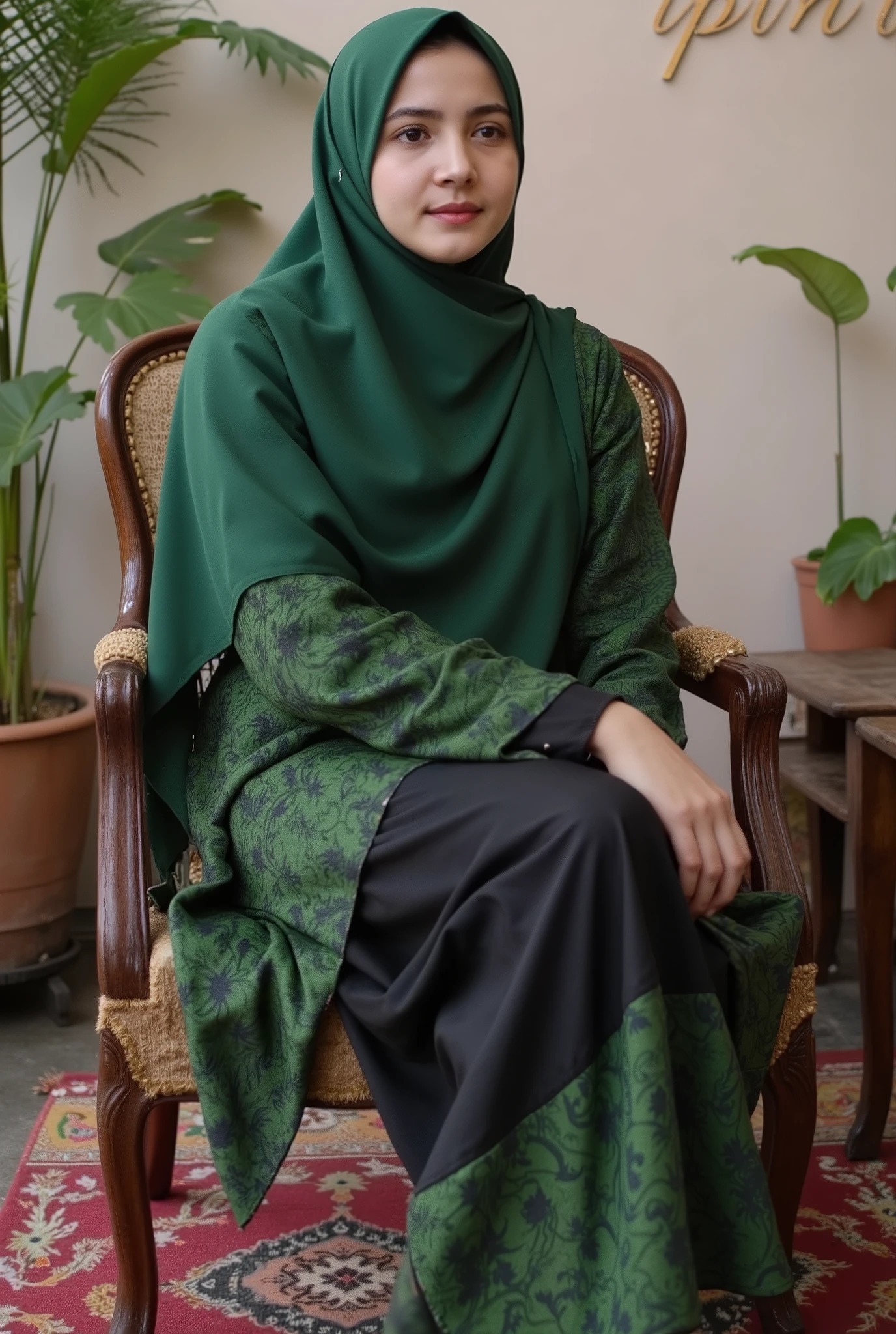 A gorgeous young girl wear a green tosca hijab and green-black long batik gamis, sitting in a big chair and behind the wall written "I P P N U"
