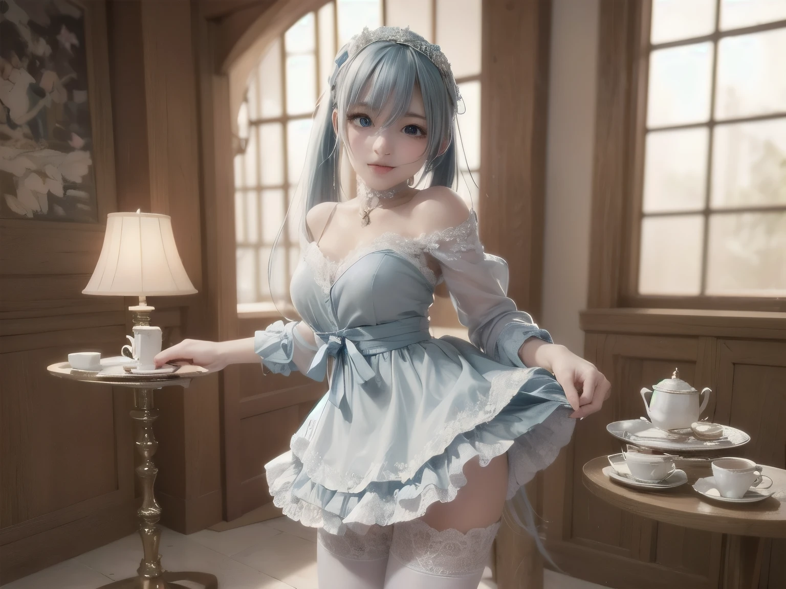 arafed woman in a silver dress standing in a bathroom, a pastel inspired by Tina Blondell, flickr, renaissance, wearing a nightgown, satin, wearing a camisole, nightgown, bright blue shiny lingerie, wearing white camisole, seductive camisole, gorgeous, silky garment, wearing white silk, in a silver silk robe, very appealing