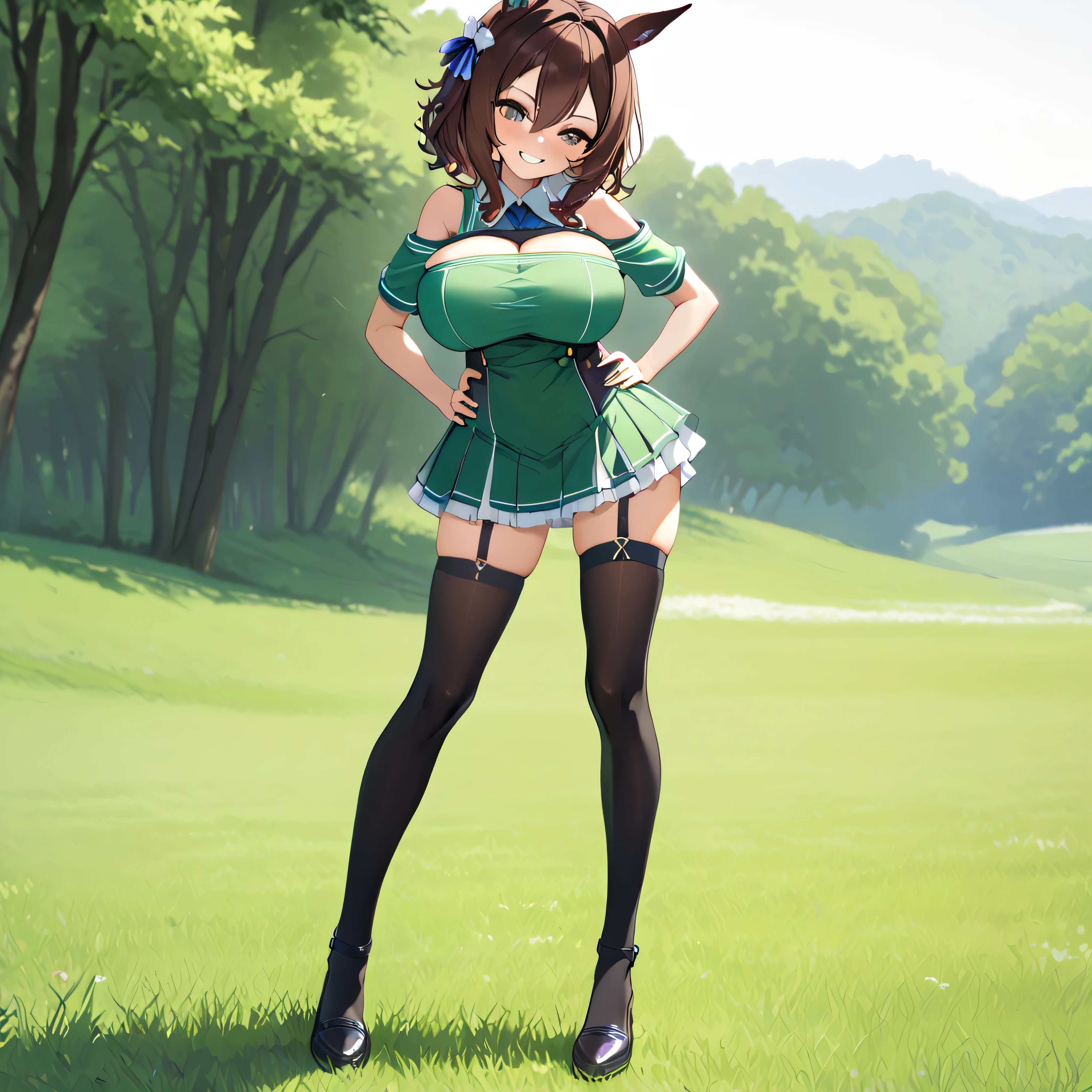 masterpiece, beautiful detailed, landscape, grass field, BREAK, (1 skinny girl standing with open legs:1.3), (umamusume\:1.3), (king halo \:1.2), BREAK, shoubufuku\, (too short skirt:1.1), thigh gap, (off-shoulder green dress cinches narrow waist too tight), full body, BREAK, brown hair, (both hands on her hip), (open legs), BREAK, (bursting large breasts:1.2), (too narrow wais)t, skinny waist, small stomach, skinny hip, (skinny long legs:1.2), (black thighhighs), thigh straps, BREAK, smile for viewer, nose blush