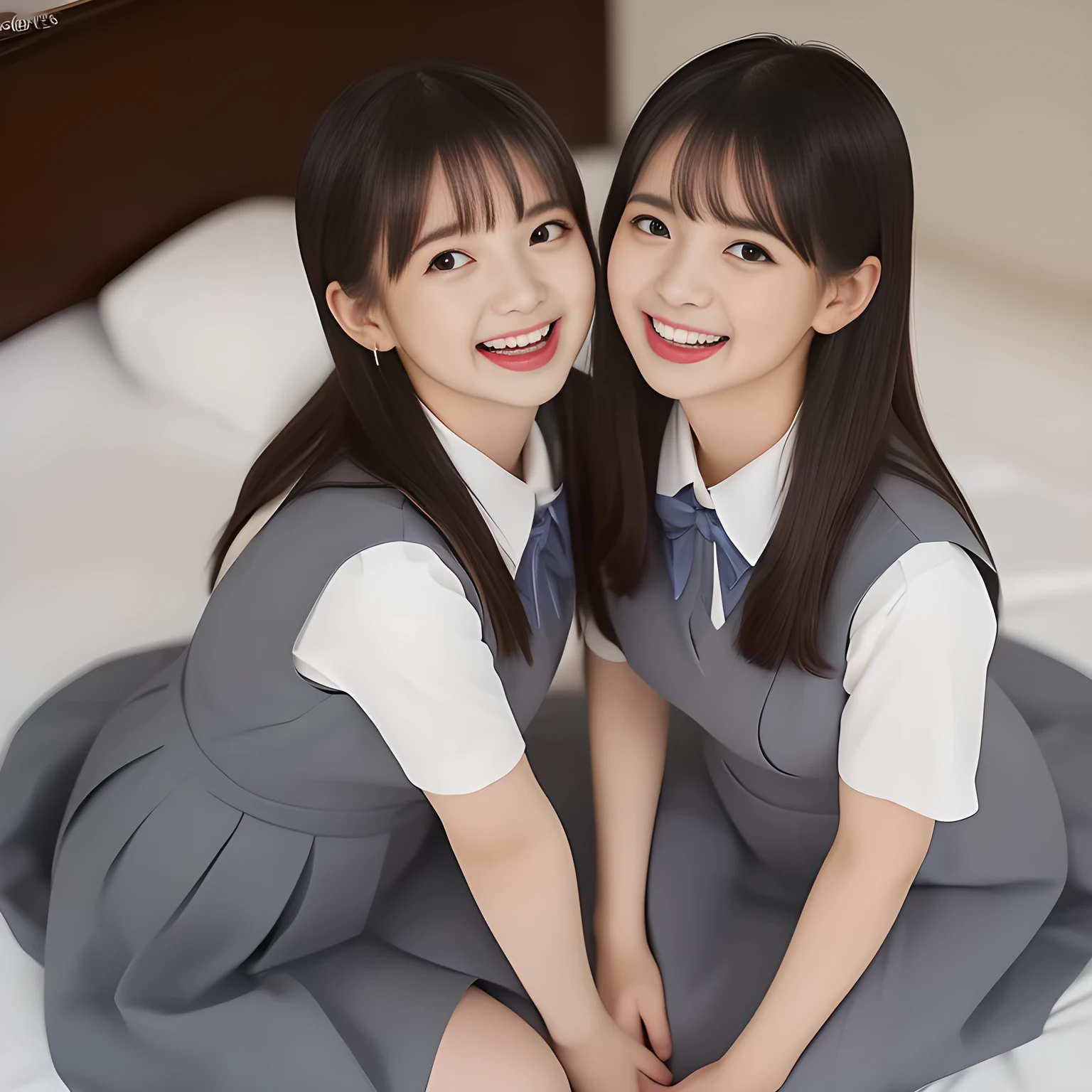 (highest quality, masterpiece, high resolution:1.2), 4K, (Photo quality detailed foreground: 1.2), geometry, ((Harem of bewitching succubi twins) in the viewer's clear lewd fetish dream. Girls twins of Cute noble girly very-long-hair Japanese photo model are seated on a gorgeous lascivious noble princess room's bed and can't stop kissing the viewer and looking at the viewer with her (too beautiful eyes like laughing fashion model), (hiding her laughing mouth with her fingers as Japanese young girls do): 1.5), (Using expensive face-whitening cosmetics to make her skin more beautiful and pure by professional makeup artist: 1.5), (devious girlish fascinating laughter in bliss, devious girlish pose: 2.0), Laughing cutely, ((Light-Gray) Japanese school girly vest Uniform with neat girly light-yellow short-sleeves school blouse, puffed short sleeves: 1.2), (Dark blue glossy glossy school ribbon on the breast: 1.0), (Extremely laughing cheeks: 1.8), (Beautiful light-amber large clear open eyes with balanced and detailed cutely: 1.4), (double eyelids: 1.0), (highly curled bangs: 1.2), (Glossy lips: 1.0), (cute earrings), (white and clear skin: 1.5), (Laughing cute princess's eyes looking at me: 1.2), (Very shy, cute, slender, pretty, pretty, too girly & Girlish: National Beautiful Girl Grand Prix winners twins in the viewer's clear lewd fetish dream: 2.0), (The girls know well about the viewer's super fetishism for school uniforms, and satisfies it completely, looking down and laughing at the viewer (in the viewer's clear lewd dream): 2)