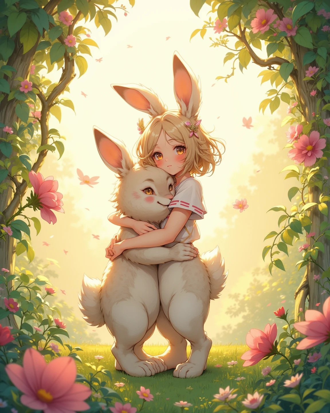 create a watercolor renaissance painting image of an Asian female boy with a slim waist shirtless with a white rabbit hood lying in a field of roses