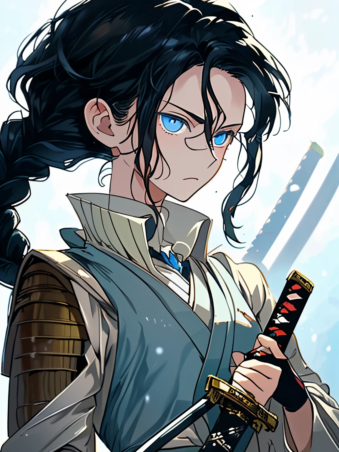 young woman . Braided hair. Very long hair braid. carries a katana . white glove. combat posture . Showing the side part of the katana. front image . Fantasy. anime. Very formal and slightly medieval clothing. A bit mature. in a serious face. Face expressing focus and concentration. Bright light blue eyes. black hair