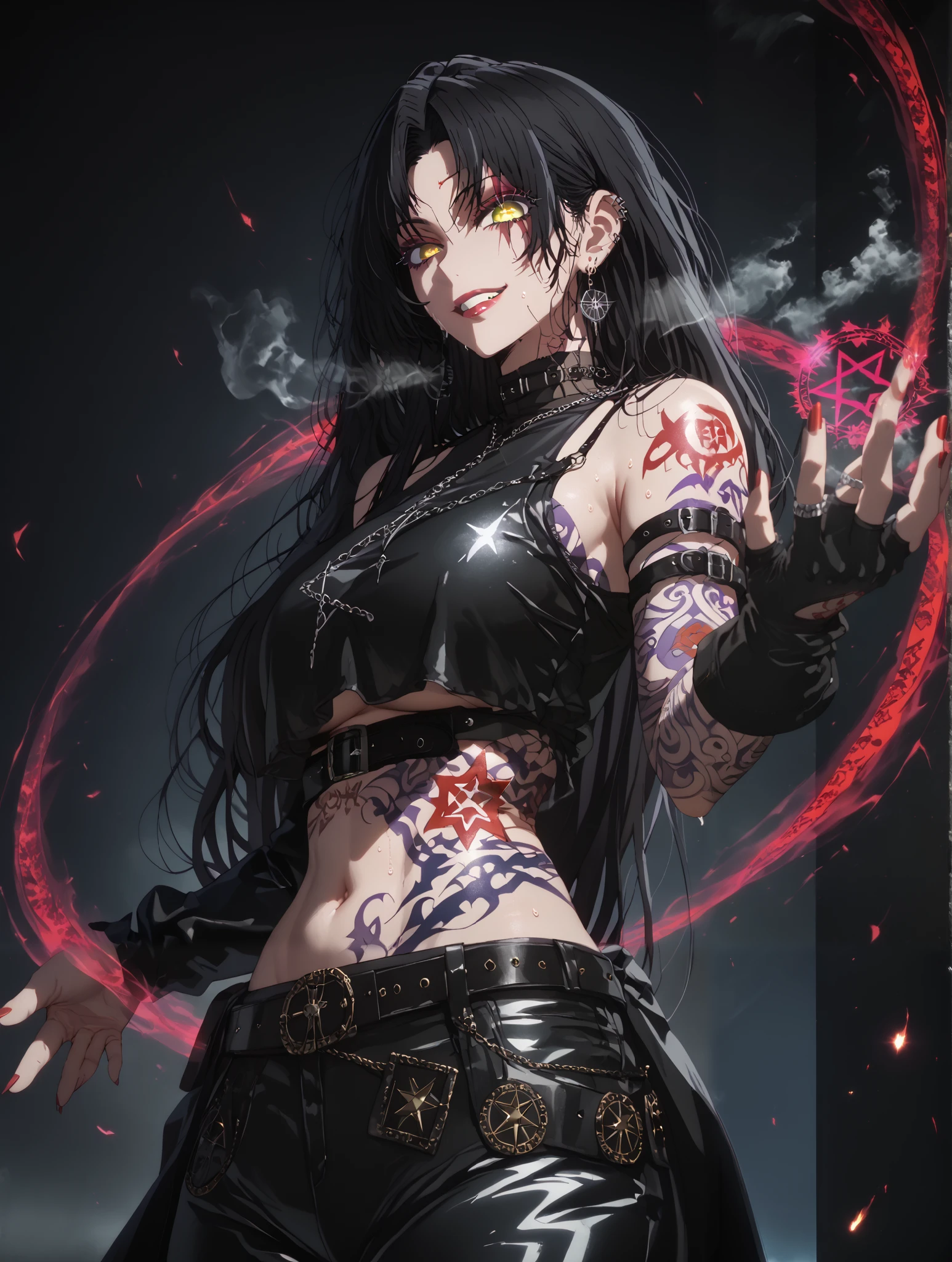 asura style, score_9, score_8_up, score_7_up, score_6_up, uncensored, dominique de sade, long hair, ((black hair, parted bangs)), yellow eyes, huge breasts, black pupils, anime coloring, anime screencap, (voluptuous:1.3), (thick:1.3), BREAK UHD, retina, masterpiece, accurate, anatomically correct, textured skin, super detail, high details, high quality, award winning, best quality, highres, 4K, excessive sweating, sweating, sweating drop, (gasping, heavy breathing:1.3), (skindentation:1.2), perfect eyes, beautiful eyes, eyelashes, makeup, detailed body, perfect body, BREAK, (aura:1.4), 1girl, tattoo, solo, navel, magic, belt, midriff, arm_tattoo, crop_top, magic_circle, jewelry, stomach_tattoo, earrings, piercing, pants, evil grin, pentagram, ear_piercing, gloves, scar, breasts, bare_shoulders, looking at viewer