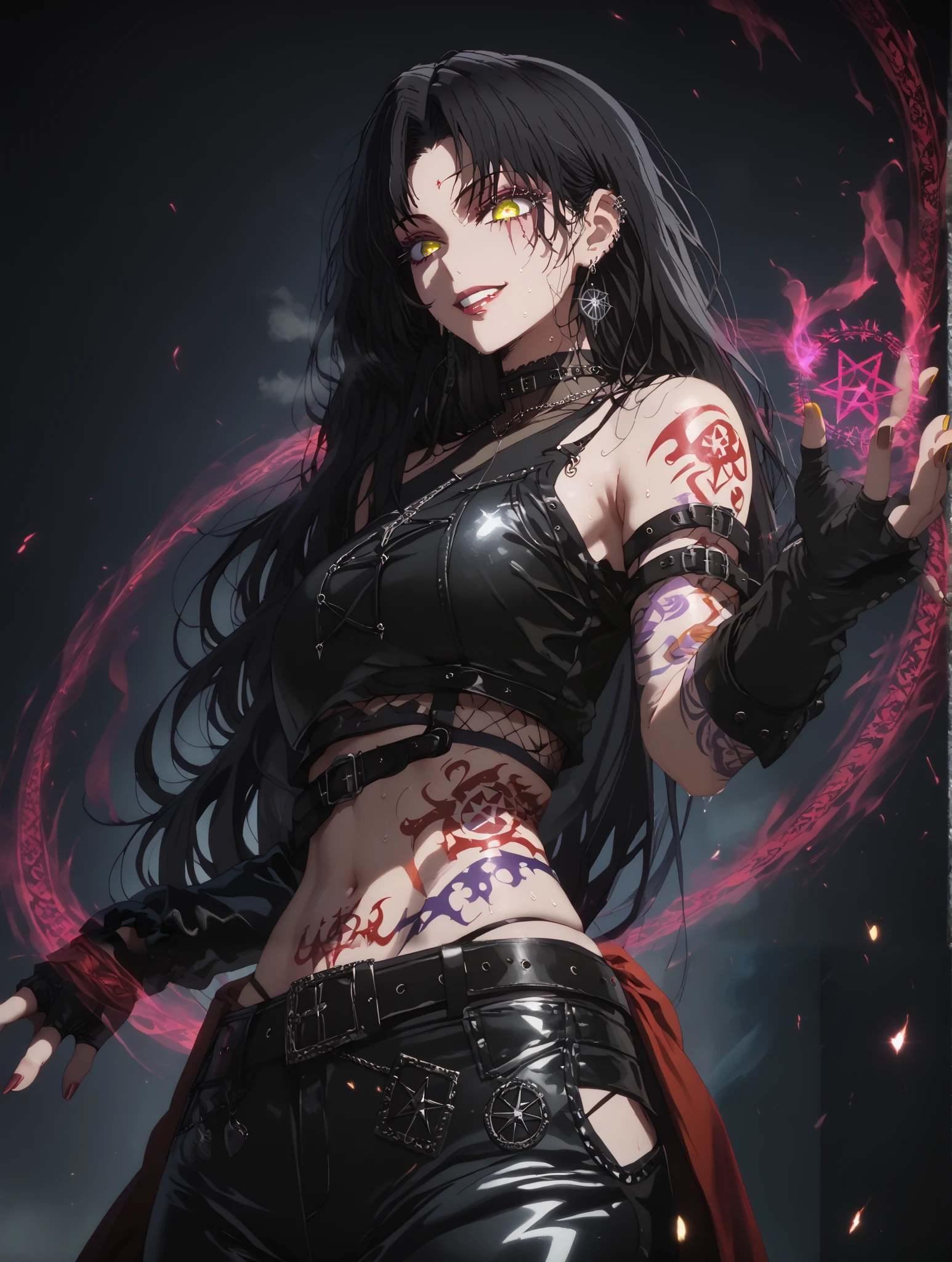 asura style, score_9, score_8_up, score_7_up, score_6_up, uncensored, dominique de sade, long hair, ((black hair, parted bangs)), yellow eyes, huge breasts, black pupils, anime coloring, anime screencap, (voluptuous:1.3), (thick:1.3), BREAK UHD, retina, masterpiece, accurate, anatomically correct, textured skin, super detail, high details, high quality, award winning, best quality, highres, 4K, excessive sweating, sweating, sweating drop, (gasping, heavy breathing:1.3), (skindentation:1.2), perfect eyes, beautiful eyes, eyelashes, makeup, detailed body, perfect body, BREAK, (aura:1.4), 1girl, tattoo, solo, navel, magic, belt, midriff, arm_tattoo, crop_top, magic_circle, jewelry, stomach_tattoo, earrings, piercing, pants, evil grin, pentagram, ear_piercing, gloves, scar, breasts, bare_shoulders, looking at viewer