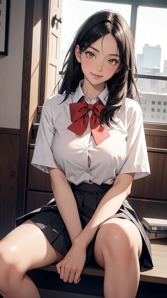 1 girl, Bare legs, black hair, Blush, bow, bowtie, gag, collared shirt, dress shirt, flashing, white shirt, hair between the eyes, In the building, Kneel up, lips, long hair, look at viewer, miniskirt, pleated skirt, red ribbon, reflection, , Shiny skin, shirt, short sleeve, sit, skirt, big breasts, Put on some cloth.,มองเห็นทะลุshirtผ้าเล็กน้อย,smile, canvas shoes, alone, yellow eyes, Masterpiece, best quality, height, official art, Very detailed CG unity 8k wallpaper.