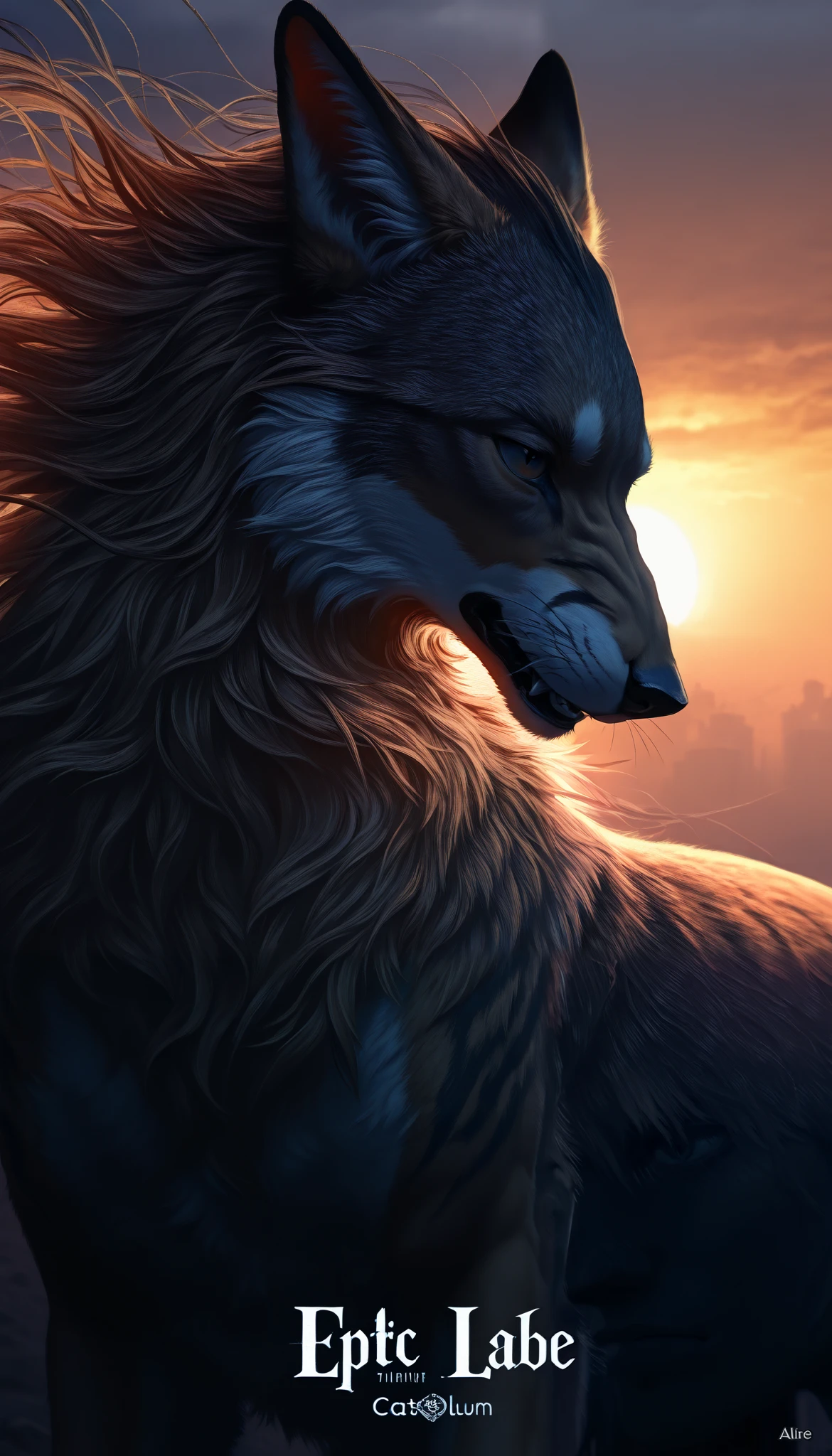 God Wolf, hyperrealistic, strain, relax, highly detailed, sharp focus, professional, 8K ultra HD, Cinematic, dark, album cover violento , al aire libre, Time, battle, chase , Dramatic, vivid, nervous environment , Do, epic , twilight , Eat the moon, HDR-10, album cover , blizzard, Lighting, cataclysmic