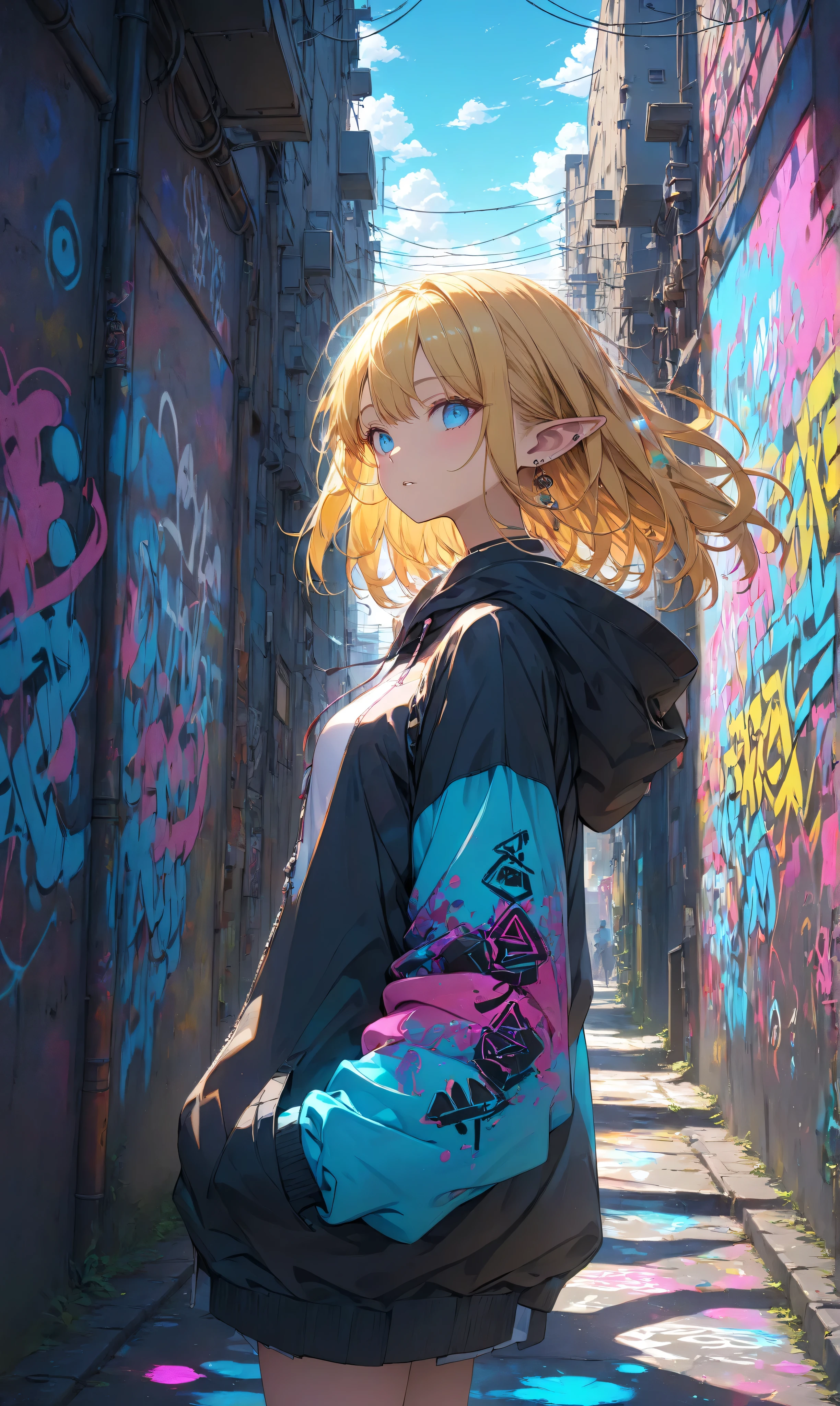 Masterpiece, high quality, high resolution, 16K, 3D, meticulously rendered backgrounds, Makoto Shinkai illustrations, surreal and spellbinding visual spectacle, vibrant colours, cinematic lighting, digital painting, stylish elves in hoodies, beautiful faces, beautiful skin, golden hair, neon Mysterious graffiti with glowing spray cans in illuminated urban alleyways, Wall paintings move around like creatures infused with ancient runes, Alleys covered in colourful street art, Fantasy meets contemporary subcultures, Meticulously painted dynamic lighting, cyber-fantasy aesthetic