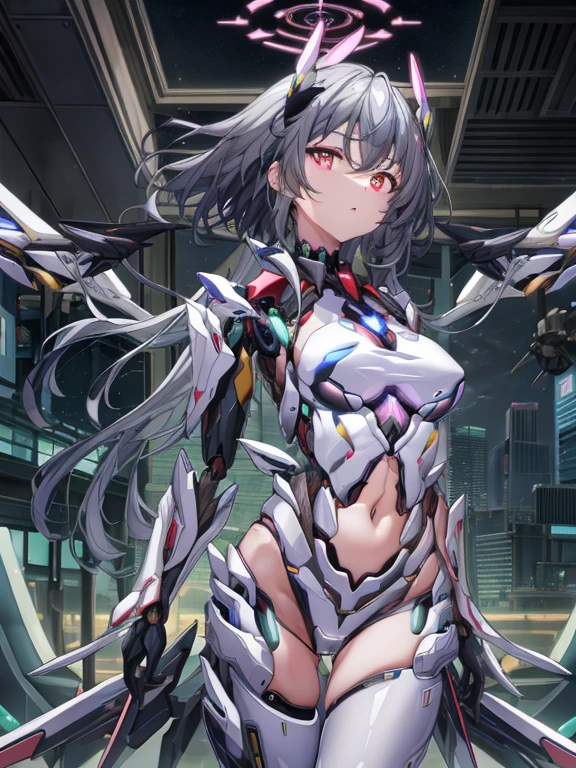((masterpiece:1.4、top-quality))+、(ultra-detailliert)+、
1 girl in、cyberpunkcity、flat-chest、hair wavy、mecha clothes、(robot girl)、Cool move、Silver Bodysuit、colorful backdrop、rainy day、(lightning effects)、Silver Dragon Armor、(cold face)、cowboy shot、cute girl