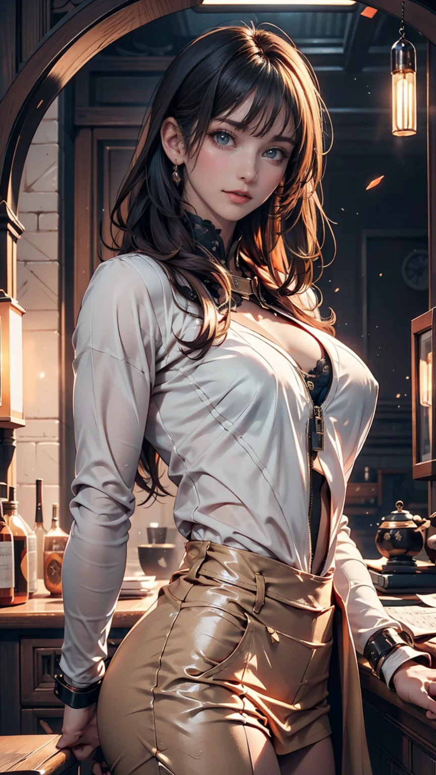 ((masterpiece, Highest quality)), Woman in a shirt , Side view, ponytail、Silver accessories on the wrist、Sexy proportions、Narrow waist、Realistic shaped breasts(Hanging down due to gravity)Nipple swelling emphasis
