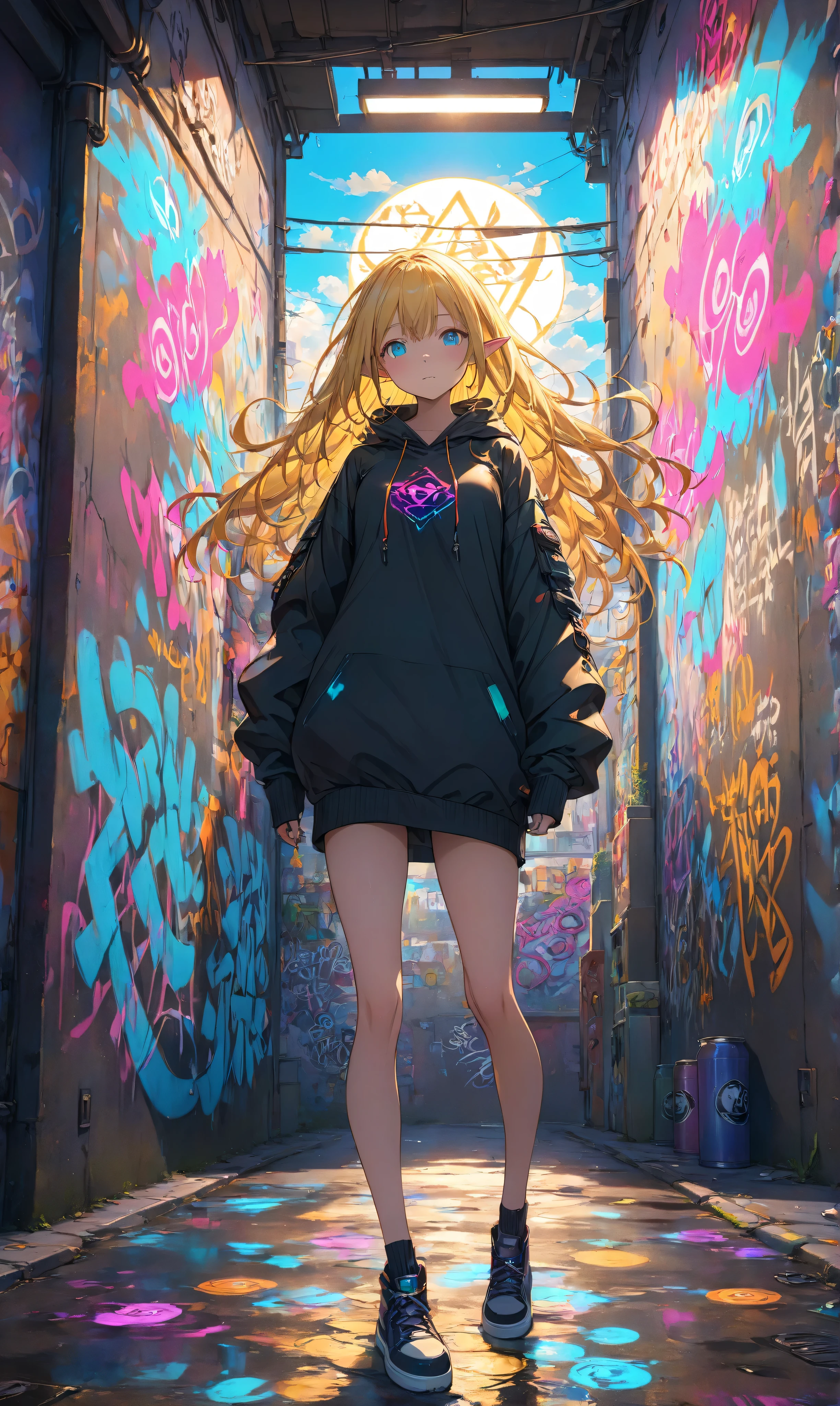 Masterpiece, high quality, high resolution, 16K, 3D, meticulously rendered backgrounds, Makoto Shinkai illustrations, surreal and spellbinding visual spectacle, vibrant colours, cinematic lighting, digital painting, stylish elves in hoodies, beautiful faces, beautiful skin, golden hair, neon Mysterious graffiti with glowing spray cans in illuminated urban alleyways, Wall paintings move around like creatures infused with ancient runes, Alleys covered in colourful street art, Fantasy meets contemporary subcultures, Meticulously painted dynamic lighting, cyber-fantasy aesthetic