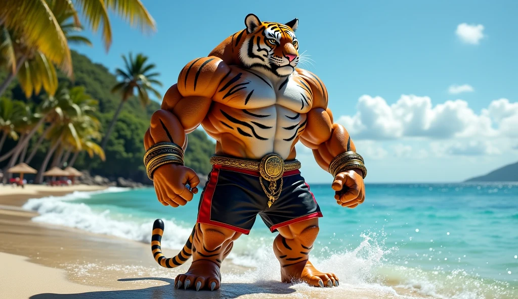 Male tiger、Golden tiger、Completely naked、Huge penis silhouette、Huge scrotum silhouette、Very large amount of pubic hair、very large amount of axillary hair,、Red Bikini、Great smile、Side view、Great smile、Beach Background、Tropical Island、Beach、Hands touching the crotch、Hugely bulging crotch underwear、Nioh Standing Pose、One hand raised pose、Very wet body、very developed muscles of the whole body,、Abnormally large abdominal muscles、Big green eyes、Sharp toenails,、Composition looking up from below、White, shiny teeth、Wide open mouth、Desert Island Background