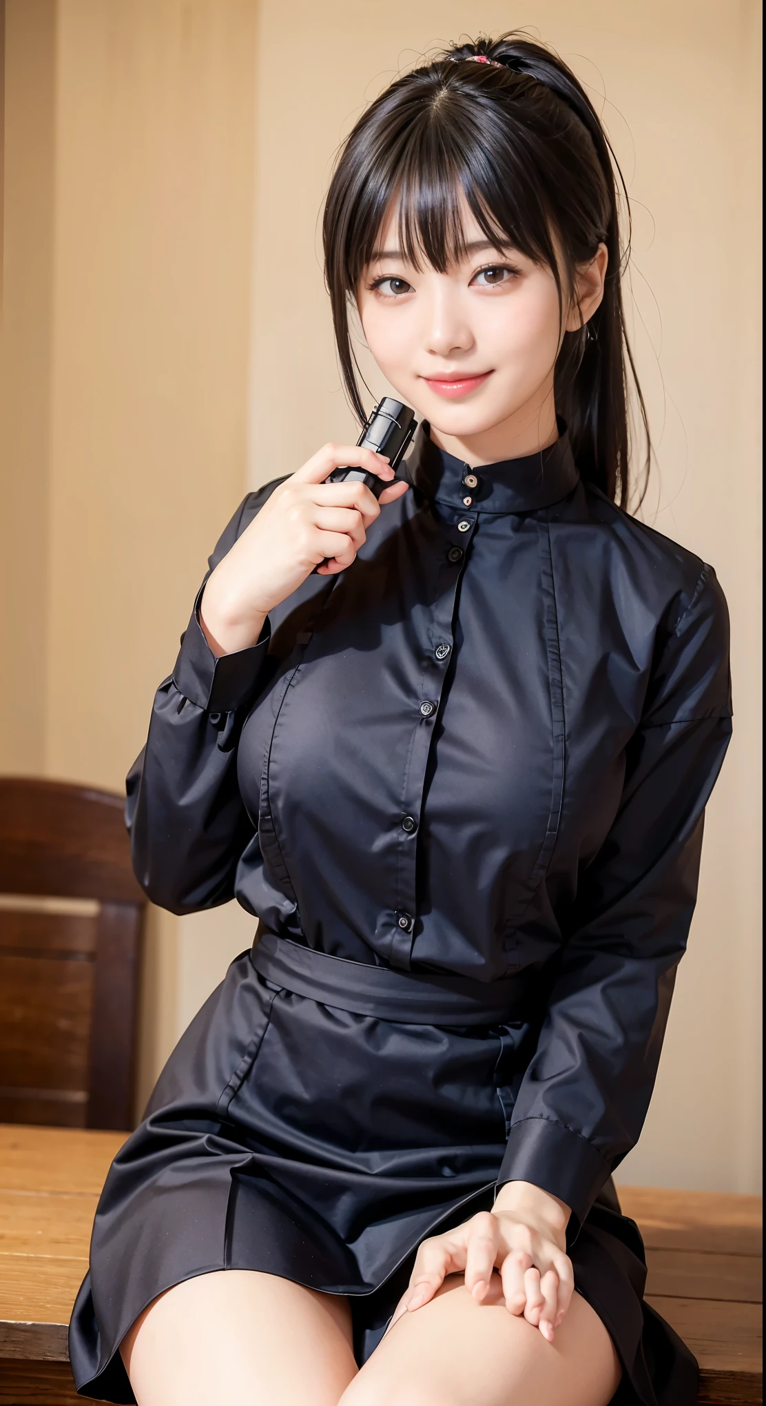 (absurdres:1.3), (highres:1.3), (ultra detailed:1.3),(1girl:1.3), (extremely detailed CG unity 8k wallpaper:1.3), (detailed skin texture, detailed cloth texture, detailed hair texture), (beautiful detailed face, supermodel, pale skin, realistic glistening skin), (RAW photo, best quality), (realistic, photo-realistic:1.4), masterpiece, extremely delicate and beautiful,Amazing, finely detail, extremely detailed CG unity 8k wallpaper, huge filesize, ultra-detailed, highres, absurdres, soft light,rim light, vibrant details, hotel room, short bob hair, black hair color, Big Natural Color Lip, (perfect body shape), beautiful legs, BREAK (black theme:1.5), (fusion of black ao dai tops and black chinese tunic suit:1.4), (long sleeve:1.3), (black matte fabric:1.3), (black pants:1.4), (ankle skin:1.3), (black pumps:1.1),
 crying a little、little smile, Harajuku style、20 year old girl、cute type、lolita、open legs