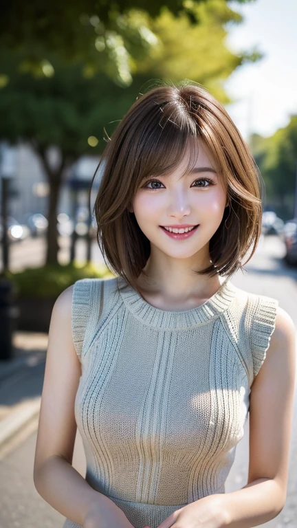 masutepiece, Best Quality, Photorealistic, Ultra-detailed, finely detail, High resolution, 8K Wallpaper, 1 beautiful woman, Wear sleeveless fashionable clothes, cleavage, at campus, light brown short messy hair, Perfect dynamic composition, Beautiful detailed eyes, Smiling happily, Perfect teeth visible, foco nítido, Detailed skin texture, detailed hairs