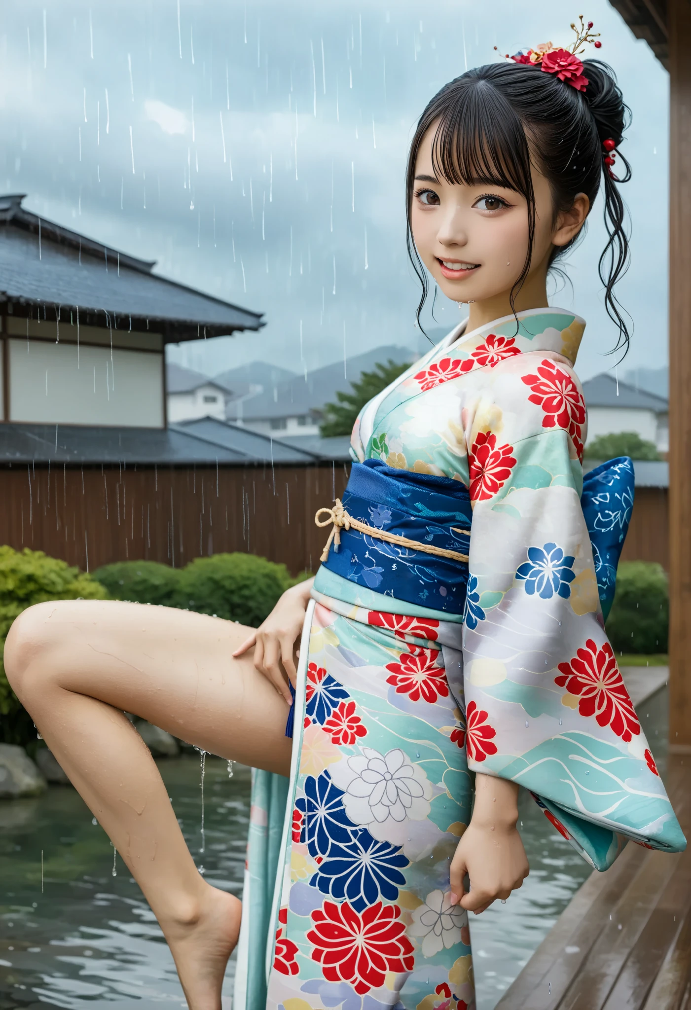 最 high quality 、 high quality 、 最 high resolution、 high resolution、8K quality、 HD 、 最 high quality、 Masterpiece 、 Immersive Footage 、 非常に realistic images 、 realistic images 、 perfect detail 、 high contrast 、High fidelity、 perfect photo 、Close to reality、 Images reproduced in detail down to the smallest detail 、Detailed and realistic human body、Detailed and realistic human skin、 Detailed and realistic face、Detailed and realistic eyes、 Realistic lips drawn in detail 、 detailed and realistic teeth、Realistic ears、 Realistic hair 、(( Japanese model))、(( junior. idol))、(( girls))、((Young Face))、(( black hair))、((平たい胸、 small breasts))、(( petite figure、 slim figure))、((Full body glossy skin))、((Traditional Japanese Garden))、((Rain clouds spreading across the sky))、((Heavy rain weather))、(( downpour))、((Stormy wind and rain))、((( see through. floral kimono)))、(((Transparent Vinyl. floral kimono)))、((( downpourの中でアウトドア( beautiful posture)))、(((Drenched and wet skin all over )))、((Rain dripping from wet kimono ))、((( I can clearly see her skin from under her wet kimono)))、((( raise one leg. sexy pose )))、(( subject close-up))