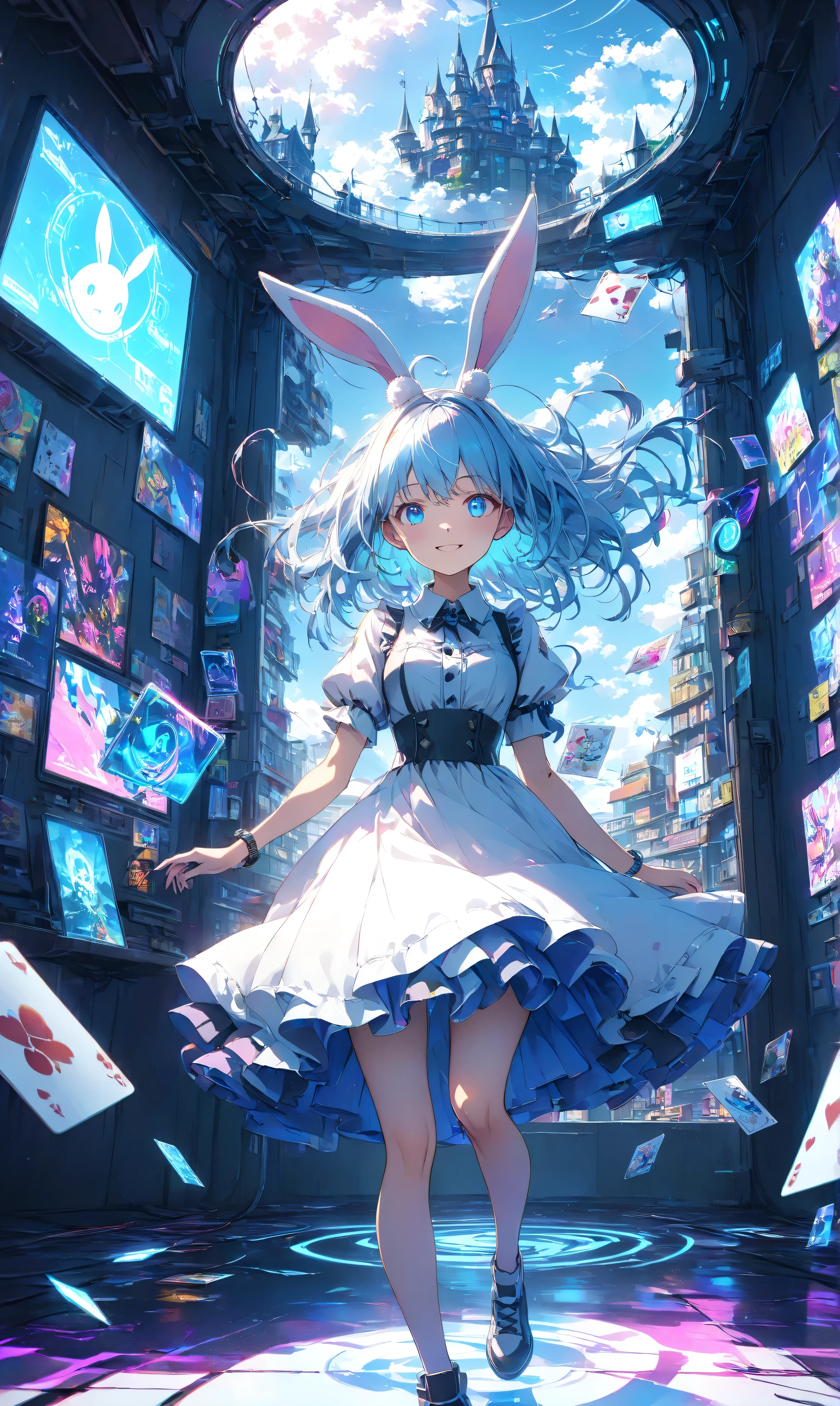 Masterpiece, high quality, high resolution, 16K, 3D, meticulously rendered backgrounds, Makoto Shinkai illustrations, vibrant colours, cinematic lighting, digital painting, cyberpunk Alice in Wonderland, circuitry glowing high-tech dress, hologram white rabbit with neon watch in Chasing, digital Cheshire cat smiling in the air, digital cards floating in the background, neon-lit dreamlike cyberspace, cinematic angles
