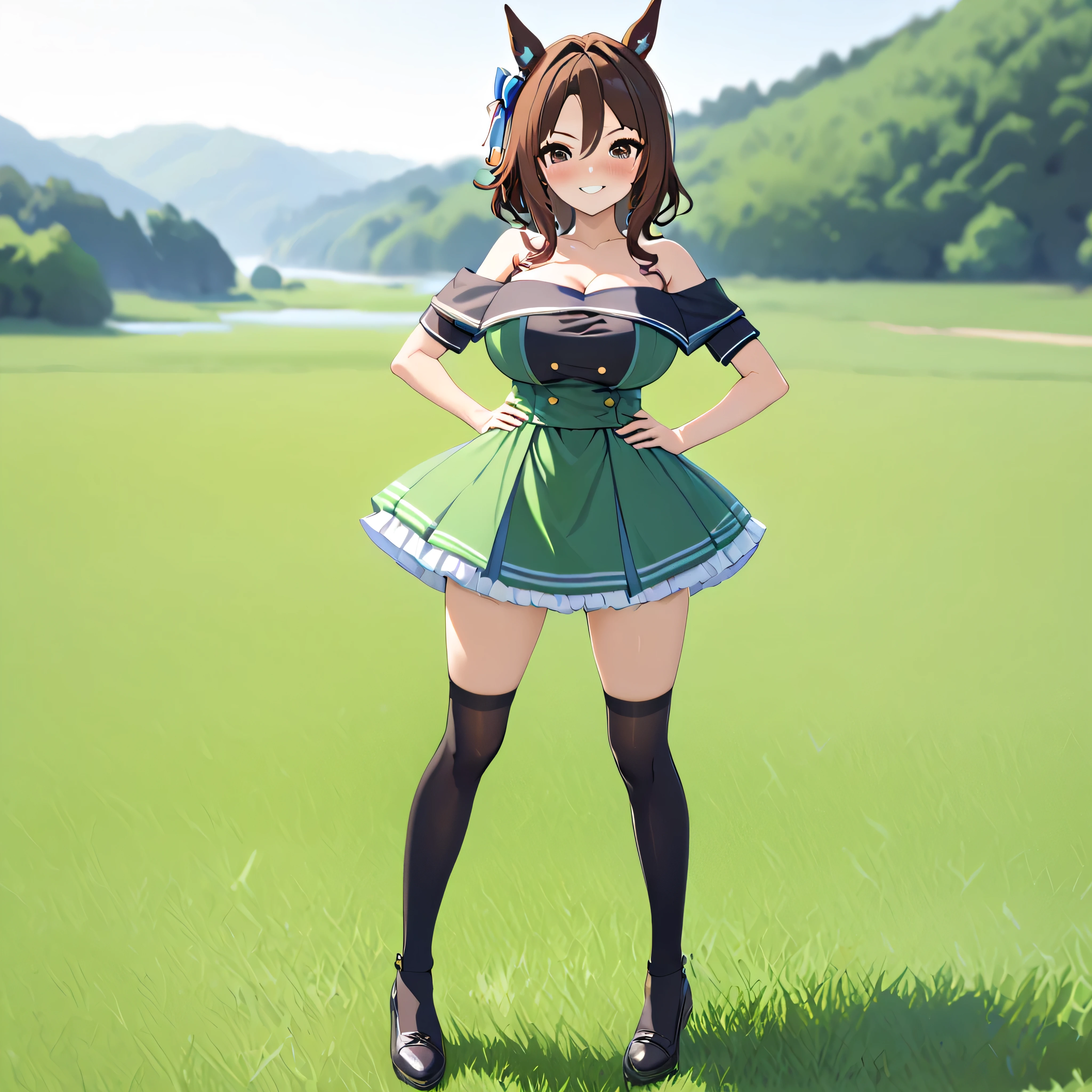 masterpiece, beautiful detailed, landscape, grass field, BREAK, (1 skinny girl standing with open legs:1.3), (umamusume\:1.3), (king halo \:1.2), BREAK, shoubufuku\, (too short skirt:1.1), thigh gap, (off-shoulder green dress cinches narrow waist too tight), full body, BREAK, brown hair, (both hands on her hip), (open legs), BREAK, (bursting large breasts:1.2), (too narrow wais)t, skinny waist, small stomach, skinny hip, (skinny long legs:1.2), (black thighhighs), thigh straps, BREAK, smile for viewer, nose blush