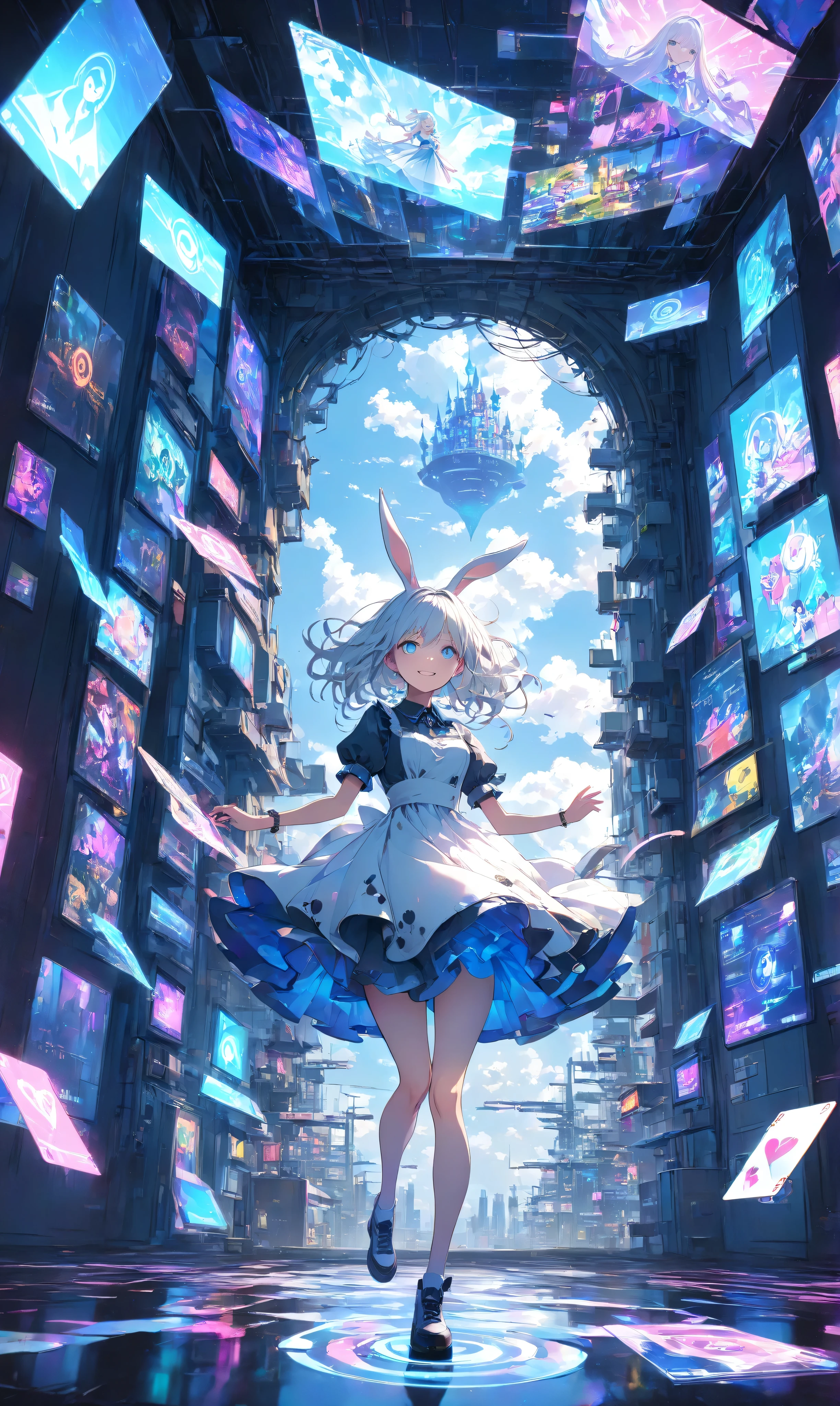 Masterpiece, high quality, high resolution, 16K, 3D, meticulously rendered backgrounds, Makoto Shinkai illustrations, vibrant colours, cinematic lighting, digital painting, cyberpunk Alice in Wonderland, circuitry glowing high-tech dress, hologram white rabbit with neon watch in Chasing, digital Cheshire cat smiling in the air, digital cards floating in the background, neon-lit dreamlike cyberspace, dynamic angles