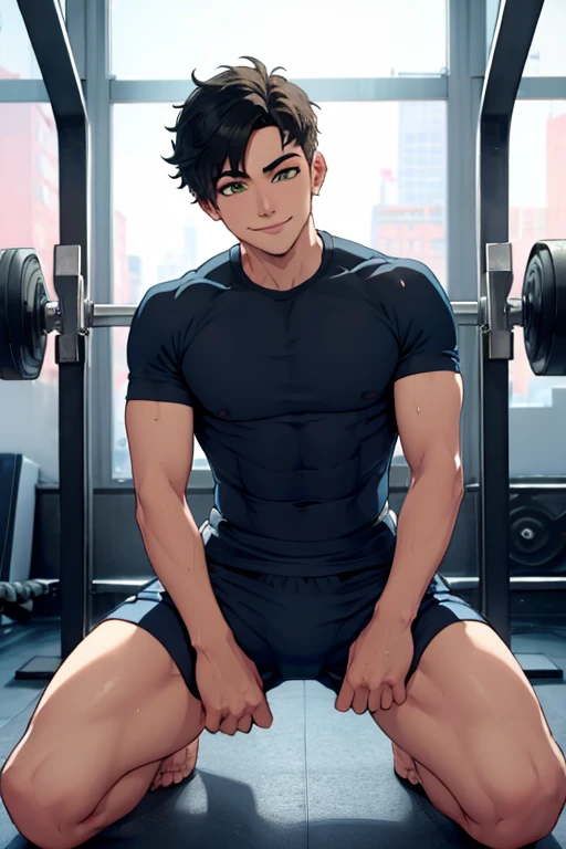 Handsome Men Short hair ,squatting ,casual ,gym , dutch angle