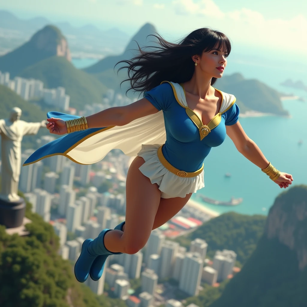 Brazilian, Rio de Janeiro, 4K woman, 20 years old, powers over the sea, dressed as a superhero, Christ the Redeemer, floating on the sea --auto --s2