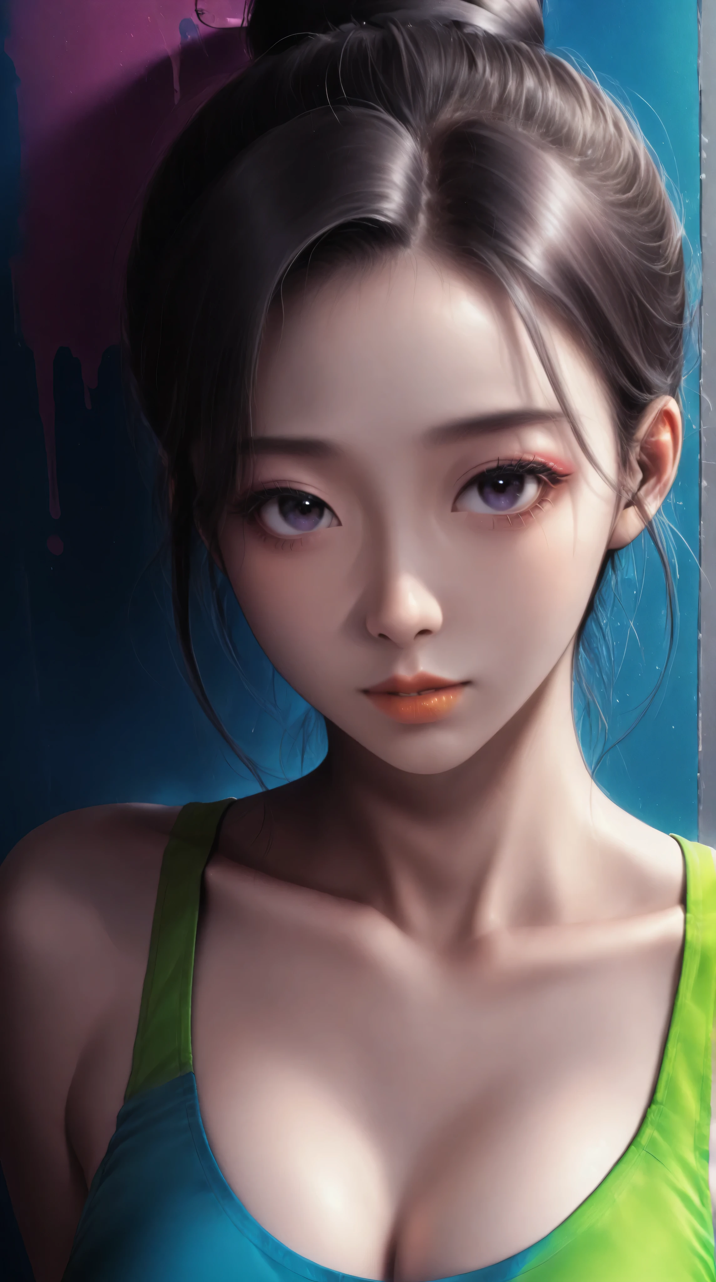 Expressionist artwork image of a single floating ceramic head, face, korean woman, colorful, color splash, neon colors, make it weird and gallery worthy