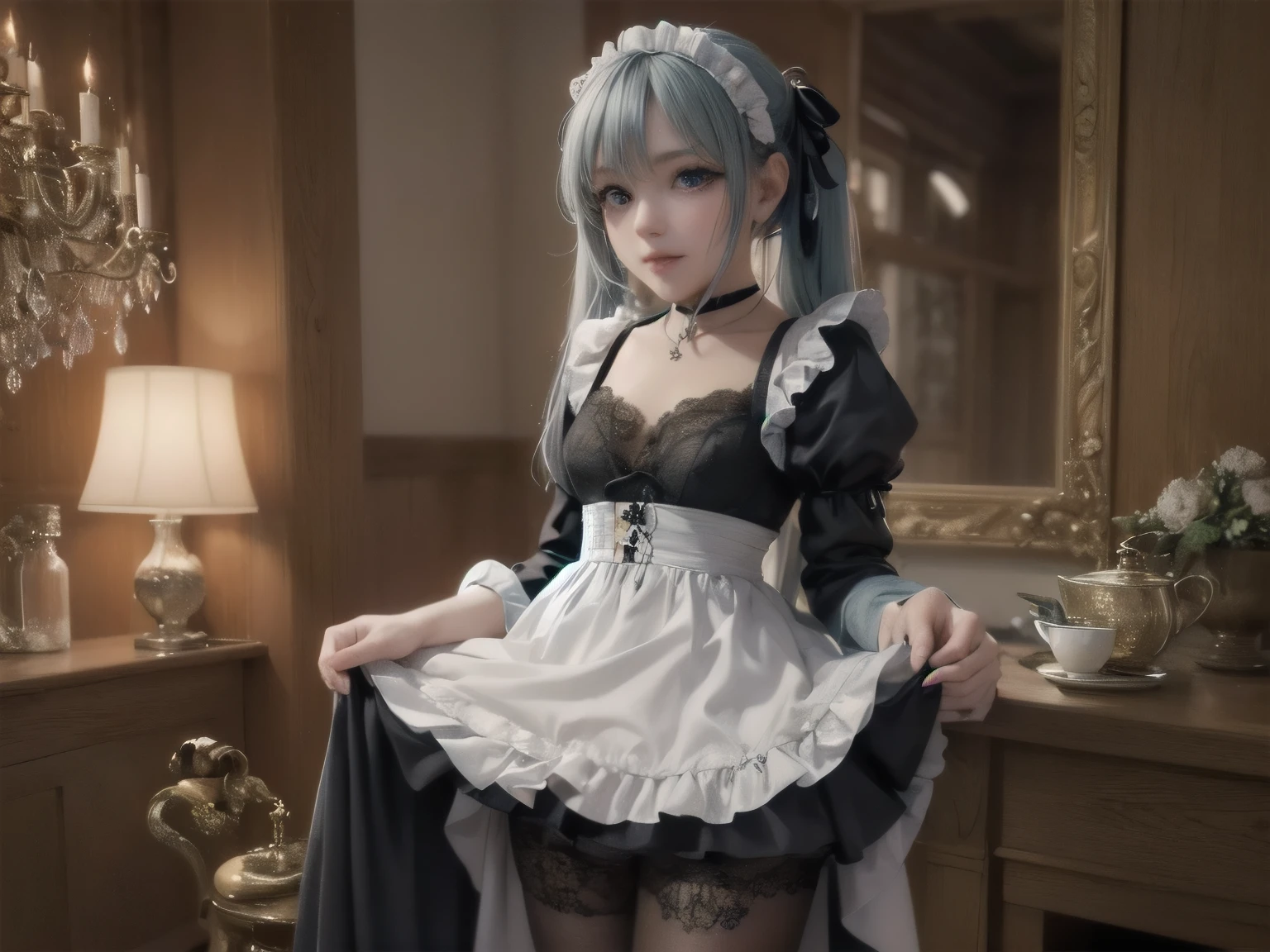 A hyper-realistic, ultra-detailed full-body 3D-rendered image of a **16-year-old Japanese girl named Kanon**, dressed in an elegant **black and white maid outfit** with **delicate lace details and a sophisticated Victorian-inspired design**. Her **silky, light blue twin tails** contrast beautifully with her dark attire, secured with **small black ribbons**, gently swaying with her movement. Her **light blue eyes gaze softly**, shimmering under the ambient lighting, and a **subtle rosy blush on her cheeks** enhances her delicate, doll-like beauty.
She is wearing a **beautifully crafted gothic-style black maid dress**, featuring **a fitted bodice with elegant pearl buttons, puffed sleeves, and a ruffled white collar**. The **long, layered skirt cascades gracefully, its edges lined with fine lace**. Over the dress, she wears a **pristine white apron, tied neatly at the back with a large ribbon bow**. A **small black lace choker with a silver rose pendant** adorns her slender neck, complementing the refined aesthetic.
Her **pose is graceful and poised**, as she **slightly curtsies, lifting the hem of her dress delicately with one hand**, while the other hand holds a **silver tray with an ornate teapot and teacup**. Her **expression is calm and composed, yet warm**, with a **gentle, knowing smile**, exuding the elegance of a refined maid.
She wears **black thigh-high stockings with intricate lace trim**, paired with **polished black Mary Jane shoes**, completing the refined gothic maid look.
The **background** is a luxurious **Victorian-style mansion**, with **warm candlelight reflecting off antique wooden furniture**. The **walls are adorned with vintage paintings and elegant chandeliers**. A **large ornate mirror reflects her poised figure**, subtly adding depth to the scene. The **soft crackling of a fireplace** and the faint **clinking of fine porcelain** create an atmosphere of quiet sophistication.