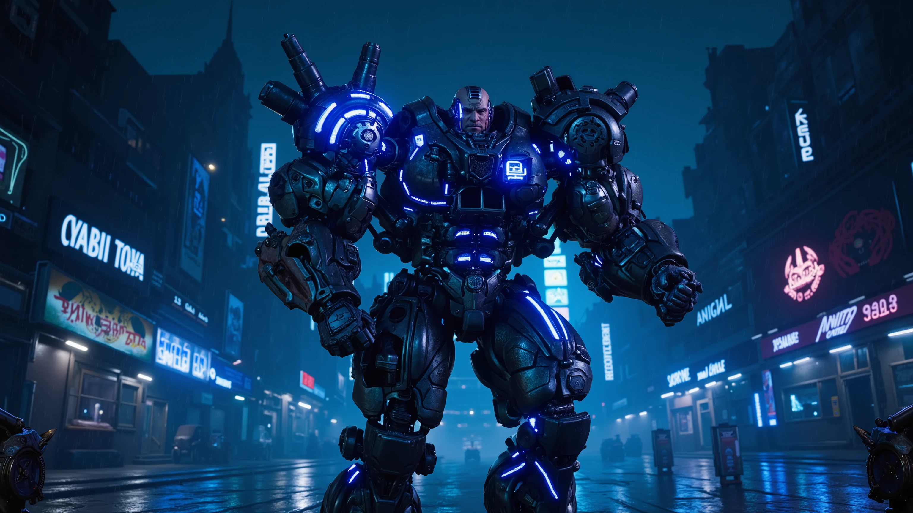 wallpaper for a gamer computer, neon lights, Blue tons, Black background, landscape, Cyberpunk Futuristic City, The streets are wet because it just rained, civil war, Lots of neon lights on the storefronts, in the background of the image a large , muscular and with neon lights in the color blue , Are you in combat position holding a rifle