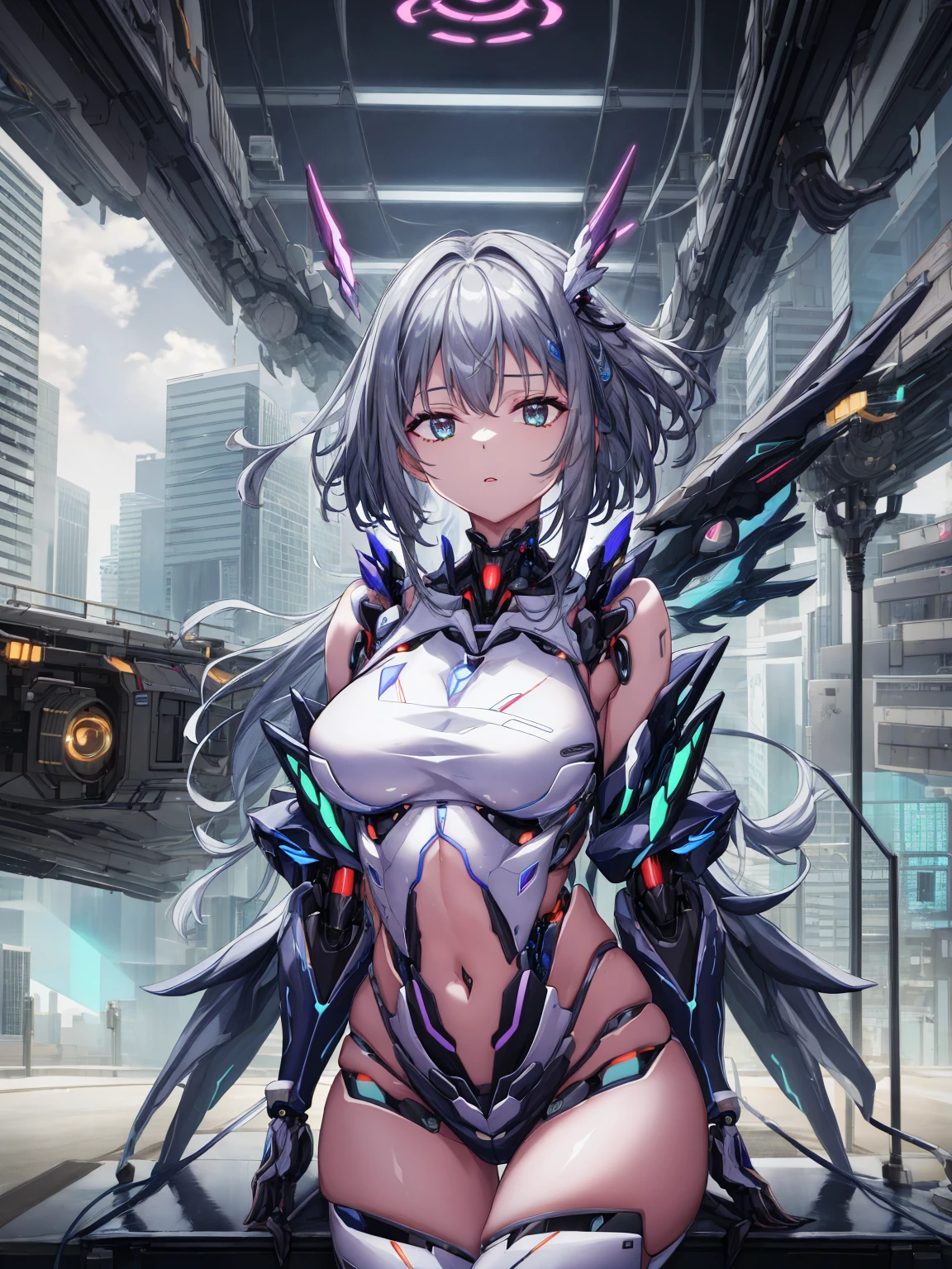 From the side Side、top-quality、The is very detailed、tmasterpiece、ultra - detailed、illustratio、((1girl in))、silber hair、long whitr hair、Floating hair、exoskeleton leotard、mechs、Cyber City、Neon Building、(The upper part of the body:1.05)、extremely_Detailed_Eyes_and_face,Wings of cybernetics、mechanical wing、Fighting stance、skyscraper、、Mecha musume、shrine maiden
