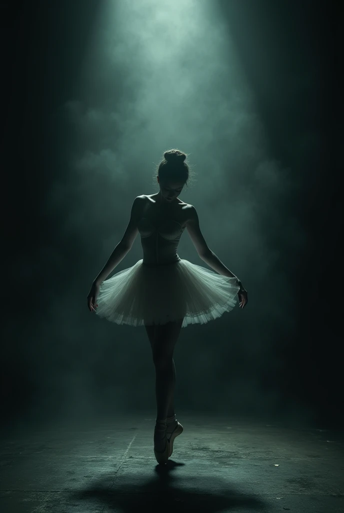 create photo of a ballerina skirt dress in the dark from behind, brawny, in a big place