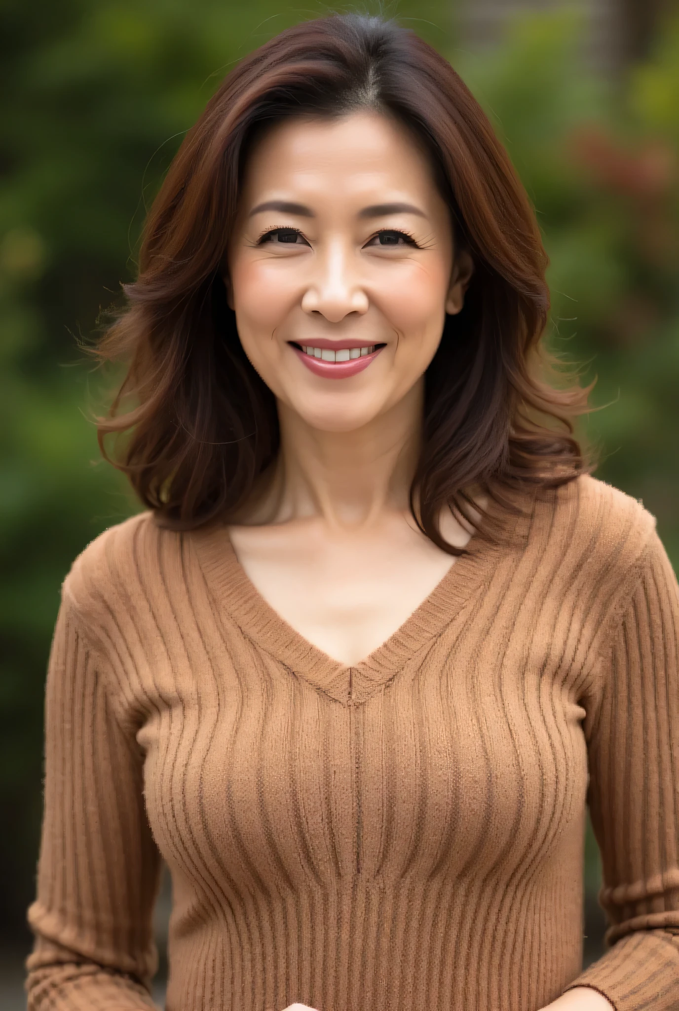 beautiful middle-aged woman (48 years old: 1.4), wavy hair , fine laugh lines: 1.2, and a bewitching smile . 。 sharp facial details , Amazing Beauty (Ultimate beauty), It features 、 (lipstick: 1.1), ( eyeliner: 1.2), mascara, and eyeshadow . model exudes elegance and confidence , Large garden nearby and high resolution , photo is present quality ( is present: 1.2, hyper is present: 1.1, photo is present: 1.37), Unmatched Beauty Live Venue , and formal aesthetics (1.4). The image is rendered with sharp focus (1.4), , tolerates depth of field, and physical base rendering . Each fashion pattern has sophisticated seasonal styling, 。 The image exudes clarity and refinement 。Moss colored v-neck knit dress , with makeup including a blurred abstract background 、 posing in front of a background reminiscent of fall foliage , reflects quiet refinement . the whole body is shown