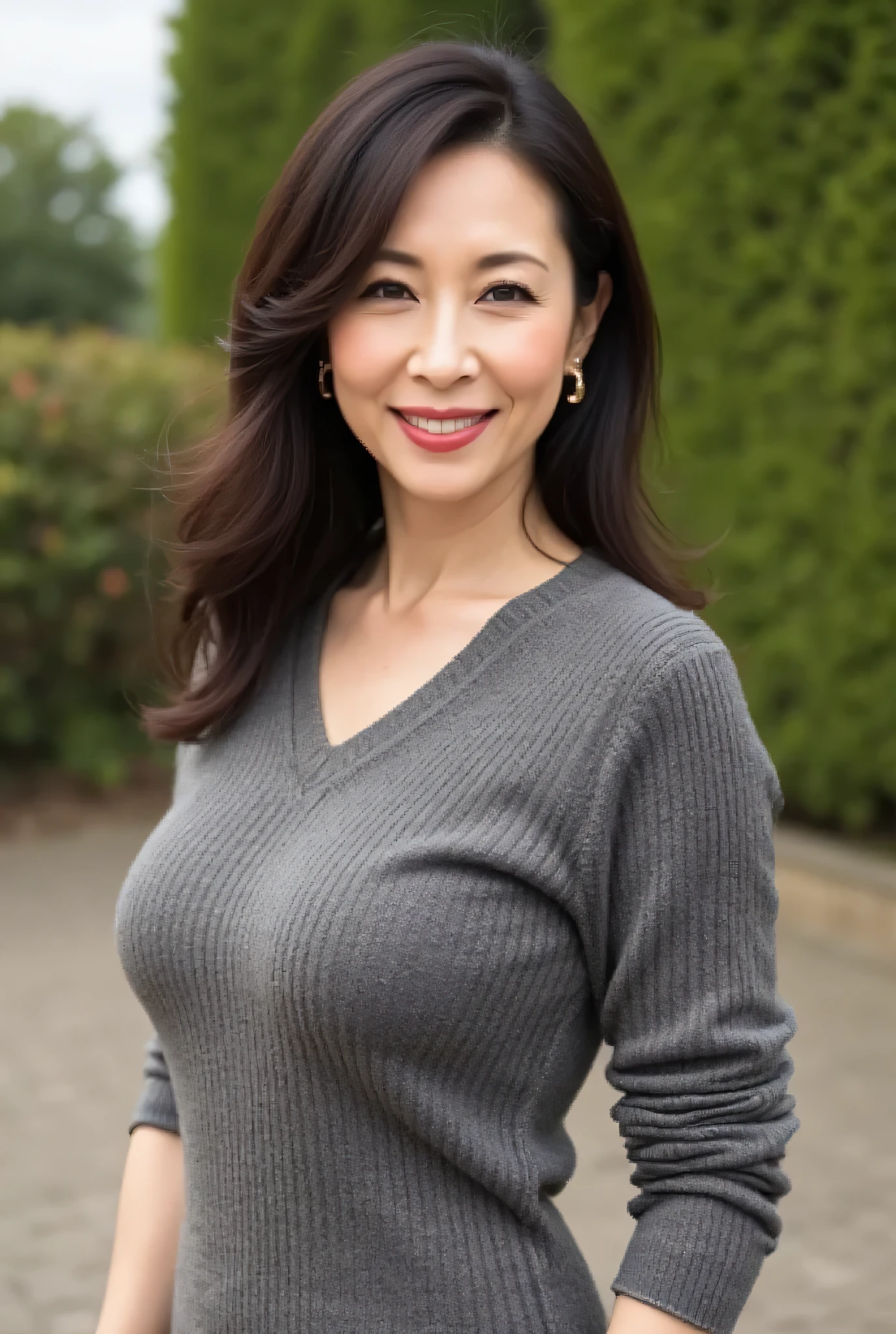 beautiful middle-aged woman (48 years old: 1.4), wavy dark hair , fine laugh lines: 1.2, and a bewitching smile . 。 sharp facial details , Amazing Beauty (Ultimate beauty), It features 、 (lipstick: 1.1), ( eyeliner: 1.2), mascara, and eyeshadow . model exudes elegance and confidence , Large garden nearby and high resolution , photo is present quality ( is present: 1.2, hyper is present: 1.1, photo is present: 1.37), Unmatched Beauty Live Venue , and formal aesthetics (1.4). The image is rendered with sharp focus (1.4), , tolerates depth of field, and physical base rendering . Each fashion pattern has sophisticated seasonal styling, 。 The image exudes clarity and refinement 。Moss colored v-neck knit dress , with makeup including a blurred abstract background 、 reflects quiet refinement . the whole body is shown