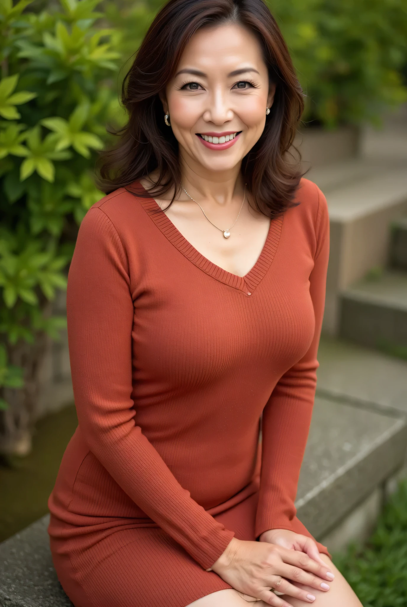 beautiful middle-aged woman (48 years old: 1.4), wavy hair , fine laugh lines: 1.2, and a bewitching smile . 。 sharp facial details , Amazing Beauty (Ultimate beauty), It features 、 (lipstick: 1.1), ( eyeliner: 1.2), mascara, and eyeshadow . model exudes elegance and confidence , Large garden nearby and high resolution , photo is present quality ( is present: 1.2, hyper is present: 1.1, photo is present: 1.37), Unmatched Beauty Live Venue , and formal aesthetics (1.4). The image is rendered with sharp focus (1.4), , tolerates depth of field, and physical base rendering . Each fashion pattern has sophisticated seasonal styling, 。 The image exudes clarity and refinement 。Moss colored v-neck knit dress , with makeup including a blurred abstract background 、 posing in front of a background reminiscent of fall foliage , reflects quiet refinement . the whole body is shown
