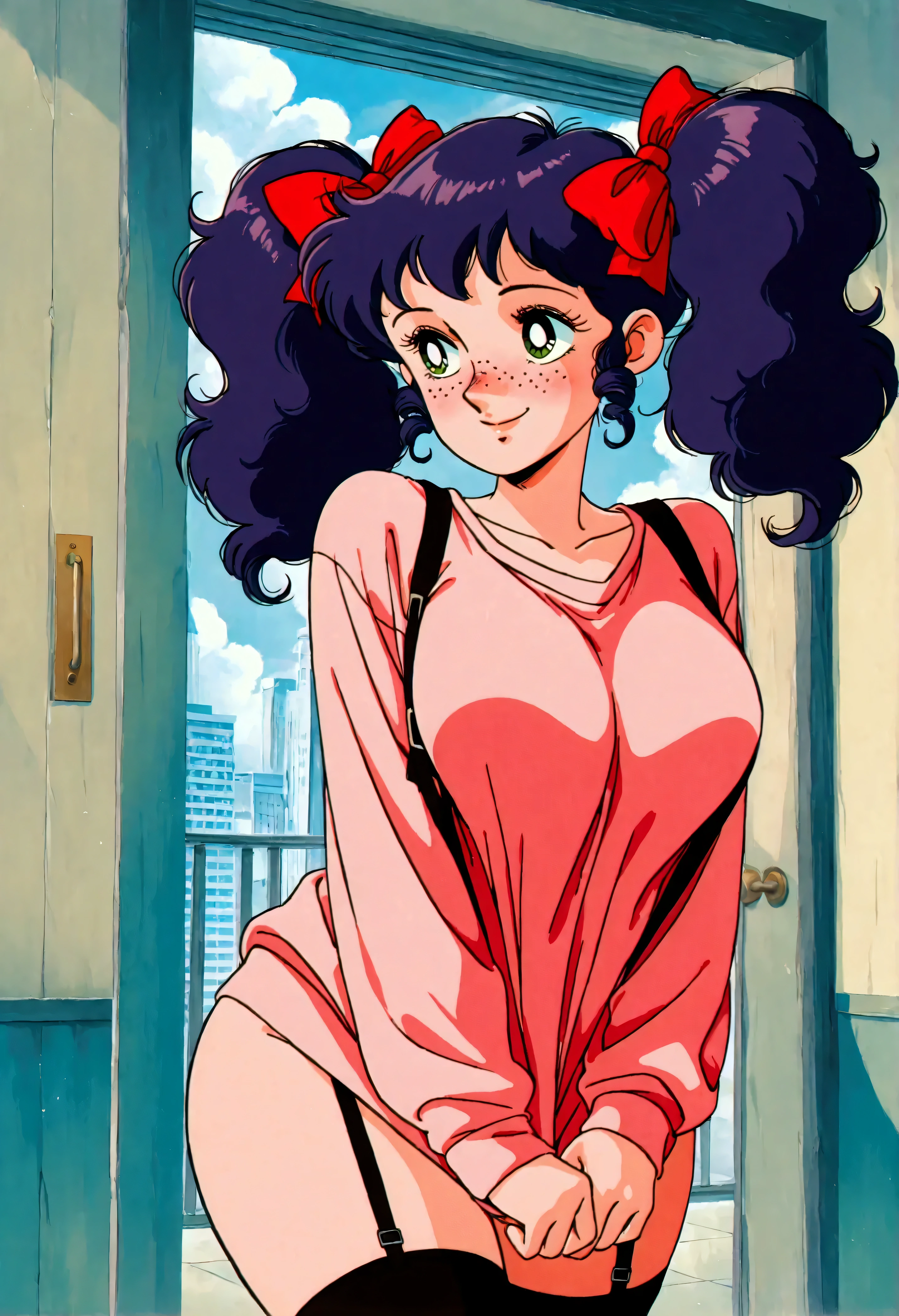 1 woman, Alone, green eyes, cabello rubio , Freckles on the nose, freckles on shoulders, freckles on the breasts , curly hair, twin pigtails, big bow , red bow, mini falda, stockings with straps, blouse, large hips, ass, big breasts, high resolution sweatshirt, More details, 8K quality, score_9, score_8_arriba, score_7_arriba, masterpiece, envelopes , official art, official style, very aesthetic, absurdities, animated, perfect anatomy , style of the 1980s , vintage animated, Drooping eyes, perfect proportions , anatomically correct, perfect hands, perfect fingers , high resolution sweatshirt, More details, 8K quality, envelopes , coastal city as a background , City POP, estilo animated de los 80, background inspired by the 80s , blushing , posing sexy, PinArriba style , smiling, posing in a very sexy and sensual way
